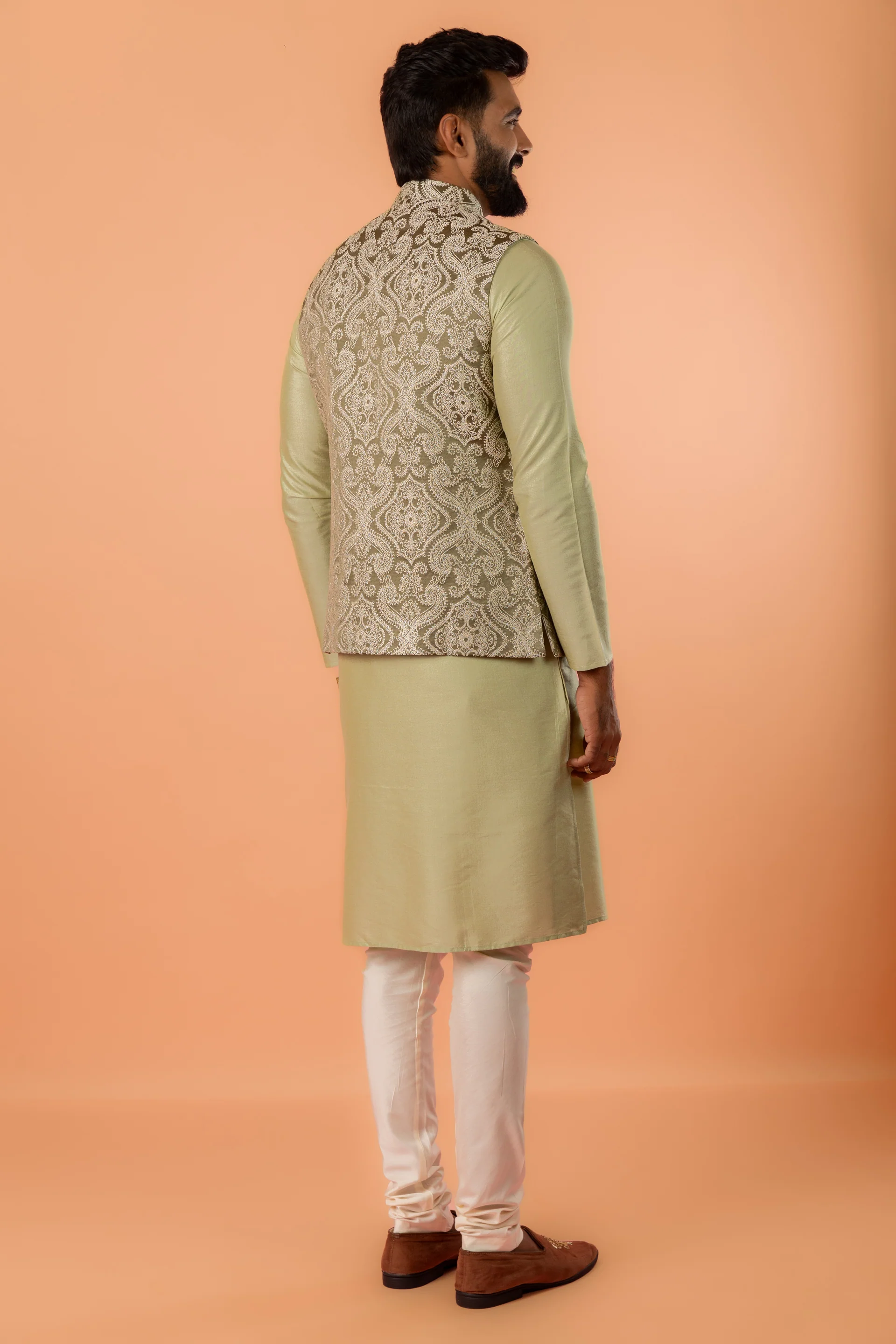Pastel Green Kurta Jacket Churidar Set - Image 4