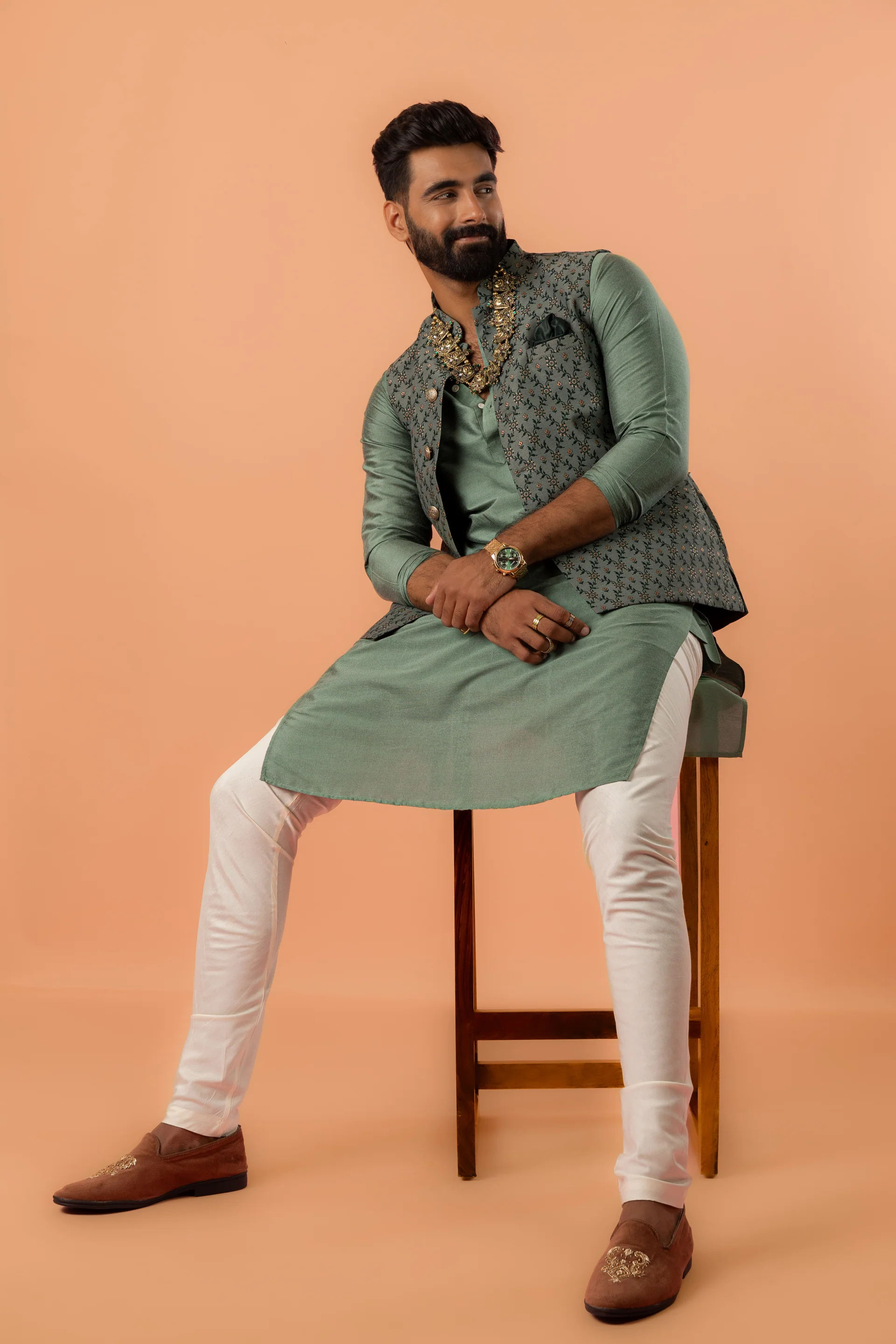 Pastel Green Floral Jacquard Nehru Jacket Kurta Set