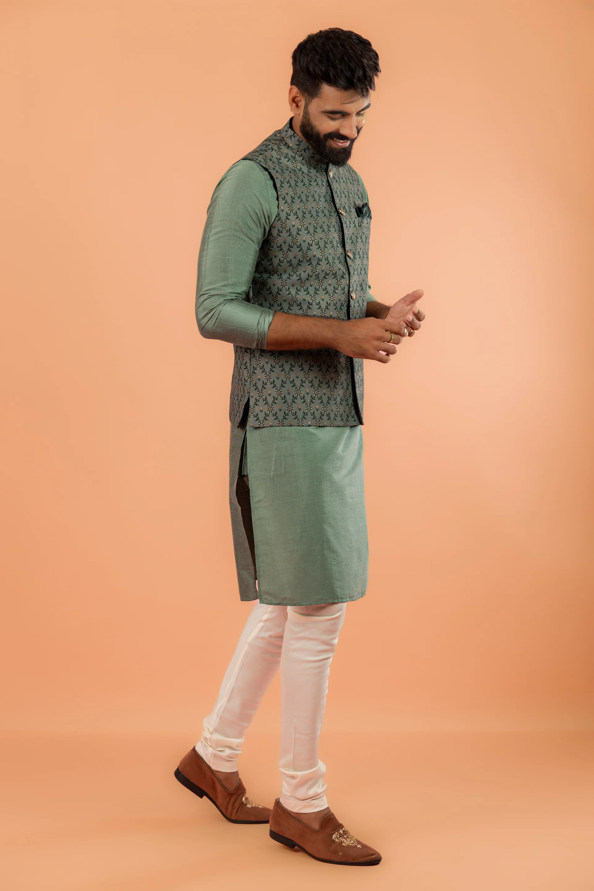 Pastel Green Floral Jacquard Nehru Jacket Kurta Set - Image 3