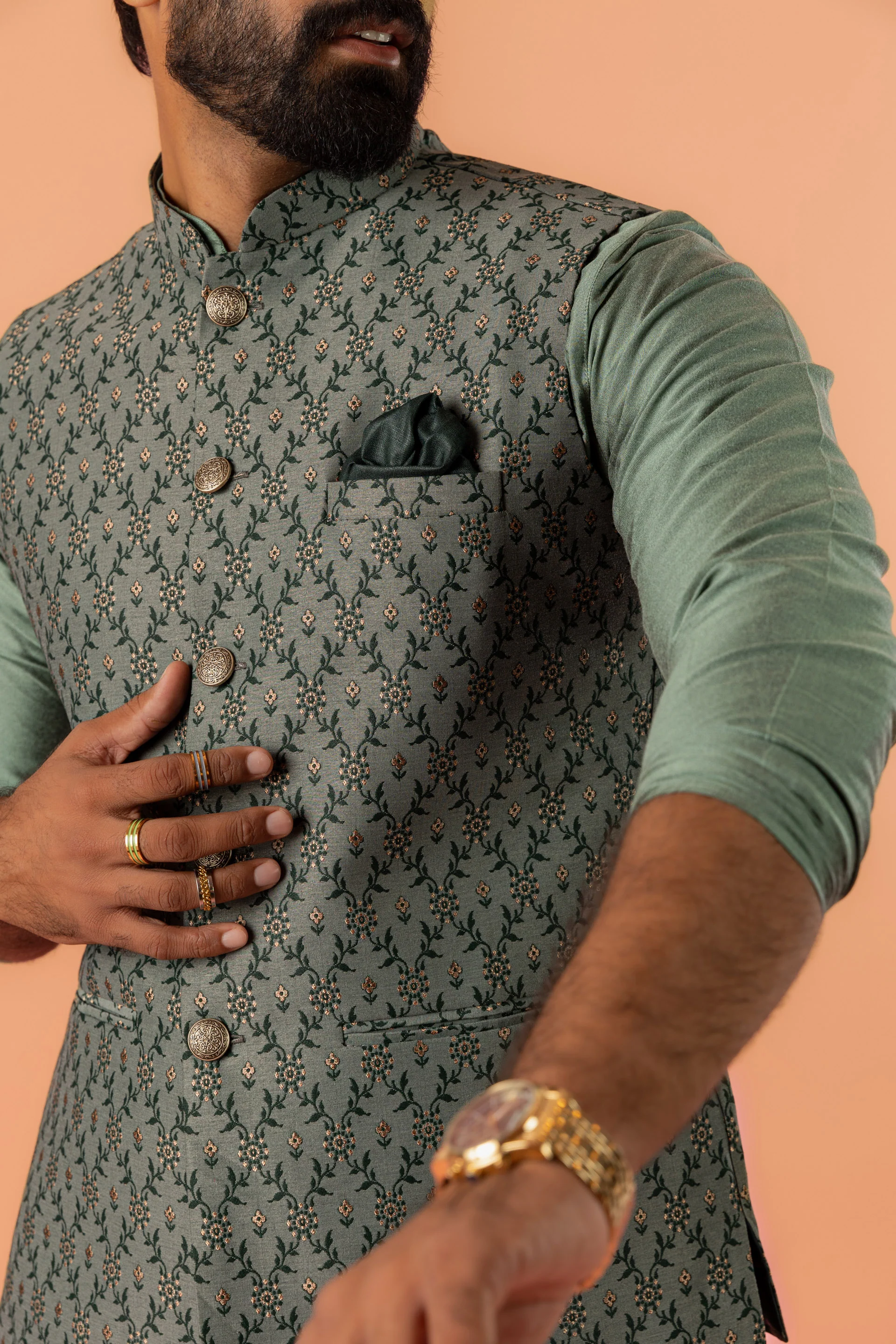 Pastel Green Floral Jacquard Nehru Jacket Kurta Set - Image 5