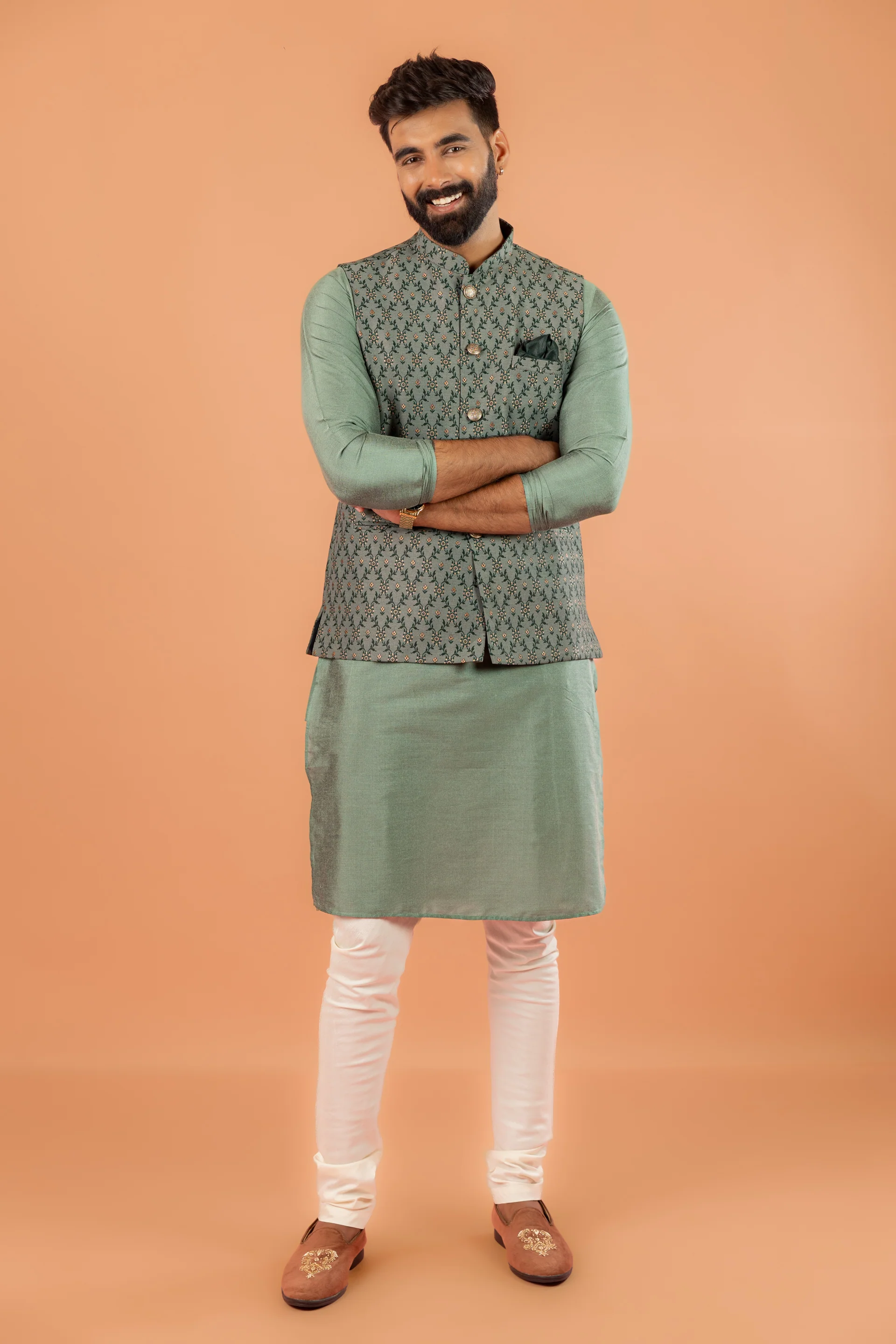 Pastel Green Floral Jacquard Nehru Jacket Kurta Set - Image 8