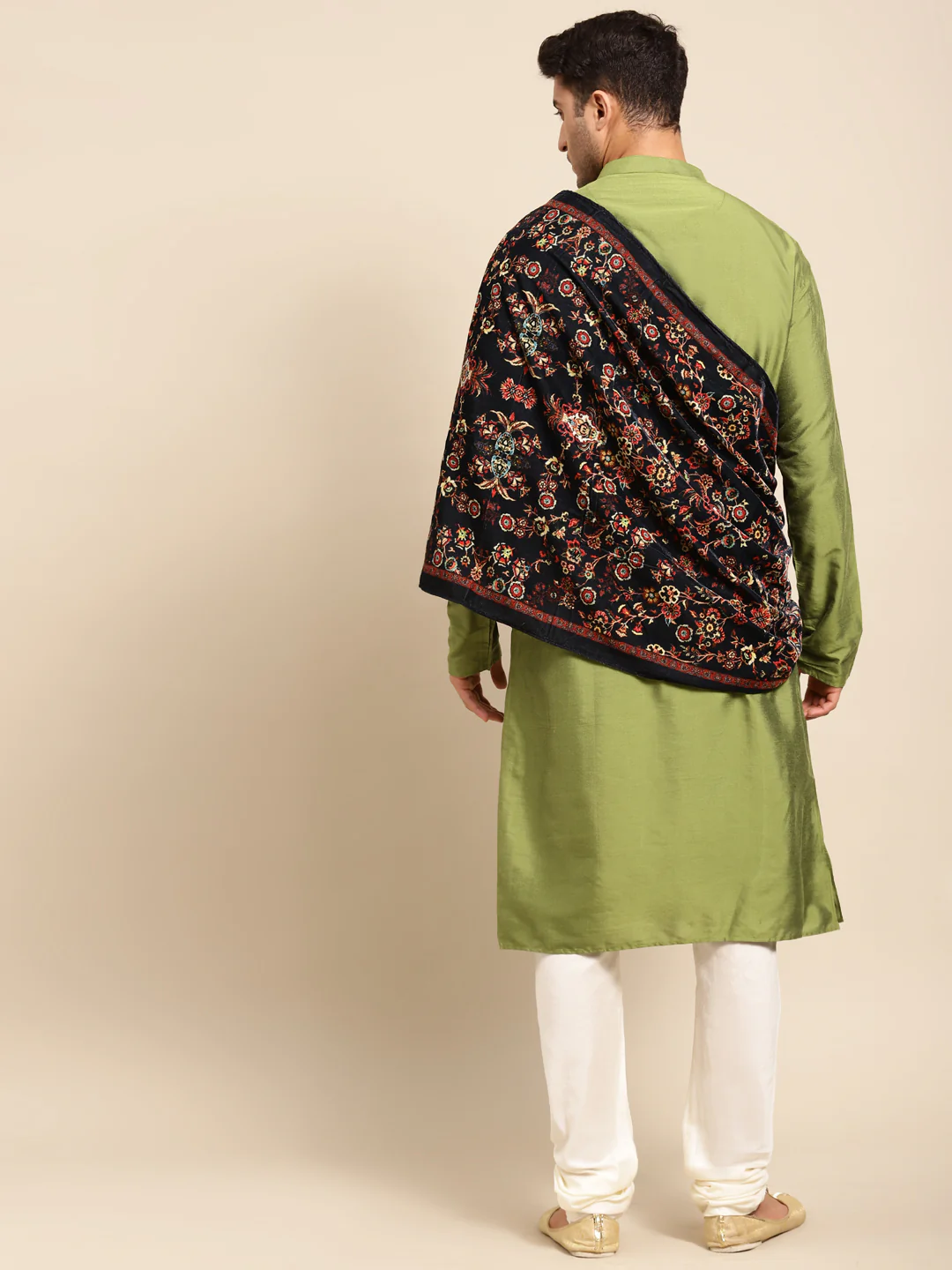 Green Silk Kurta Churidar with Embroidered Dupatta - Image 3