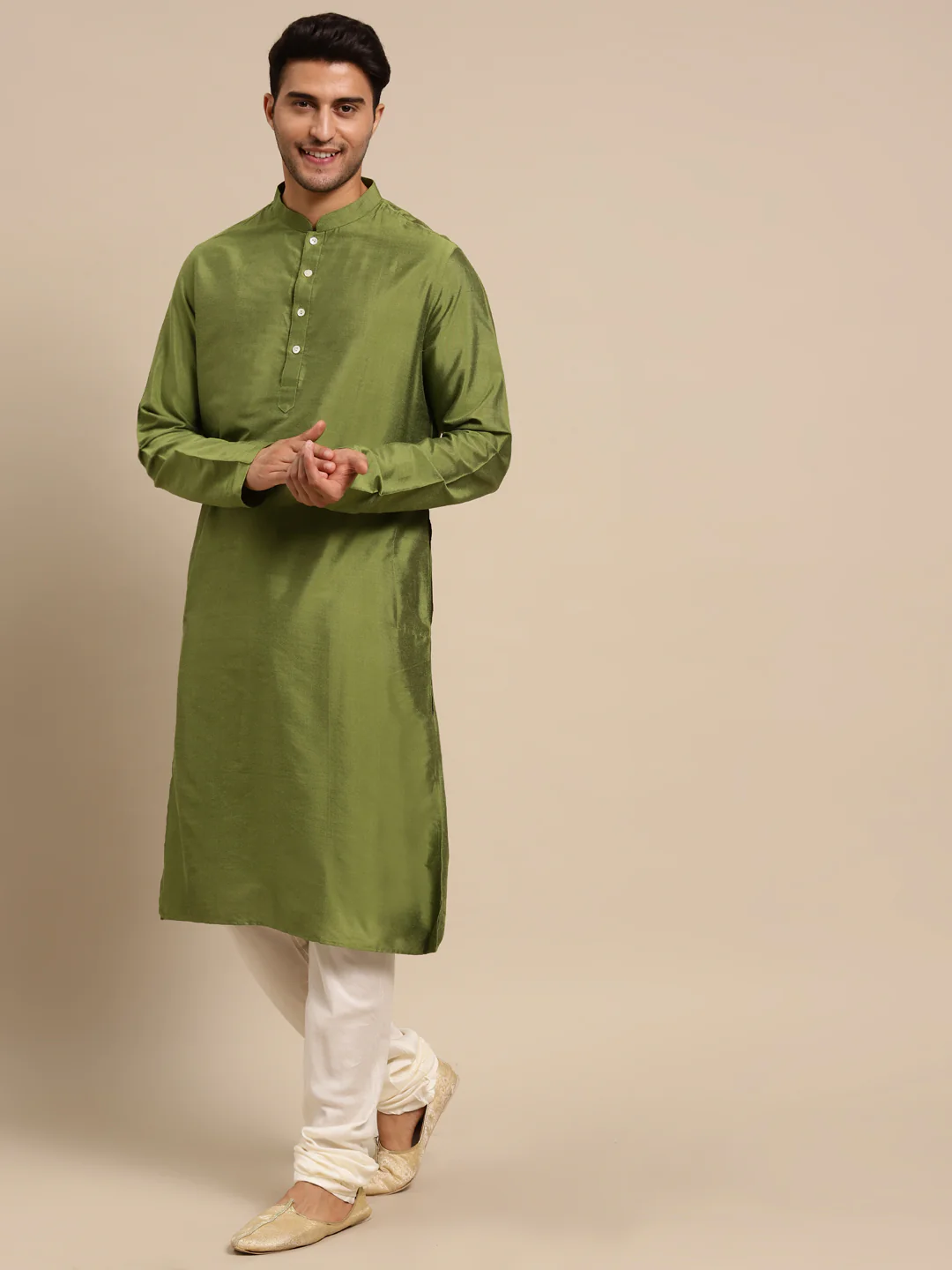 Green Silk Kurta Churidar with Embroidered Dupatta - Image 4