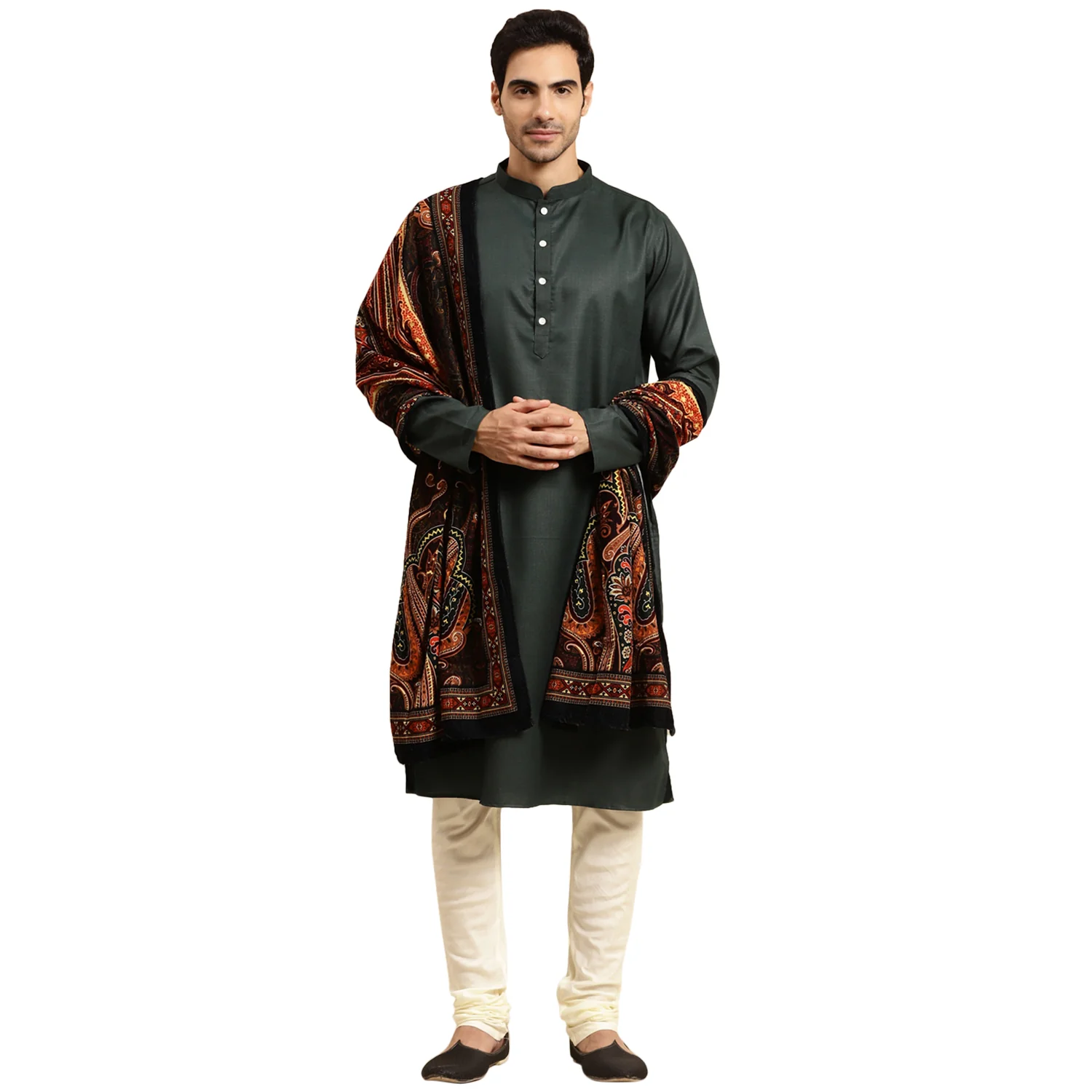 Kurta Churidar Set with Dupatta – Silk Blend Dark Green Kurta with Cream Churidar & Embroidered Black Dupatta – Wedding & Festive Outfit