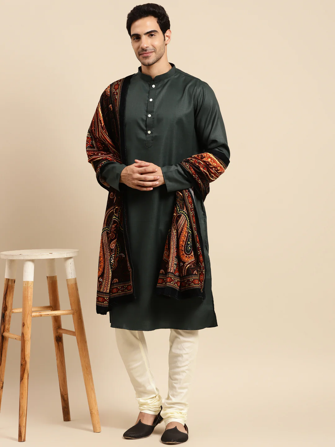 Kurta Churidar Set with Dupatta – Silk Blend Dark Green Kurta with Cream Churidar & Embroidered Black Dupatta – Wedding & Festive Outfit - Image 2