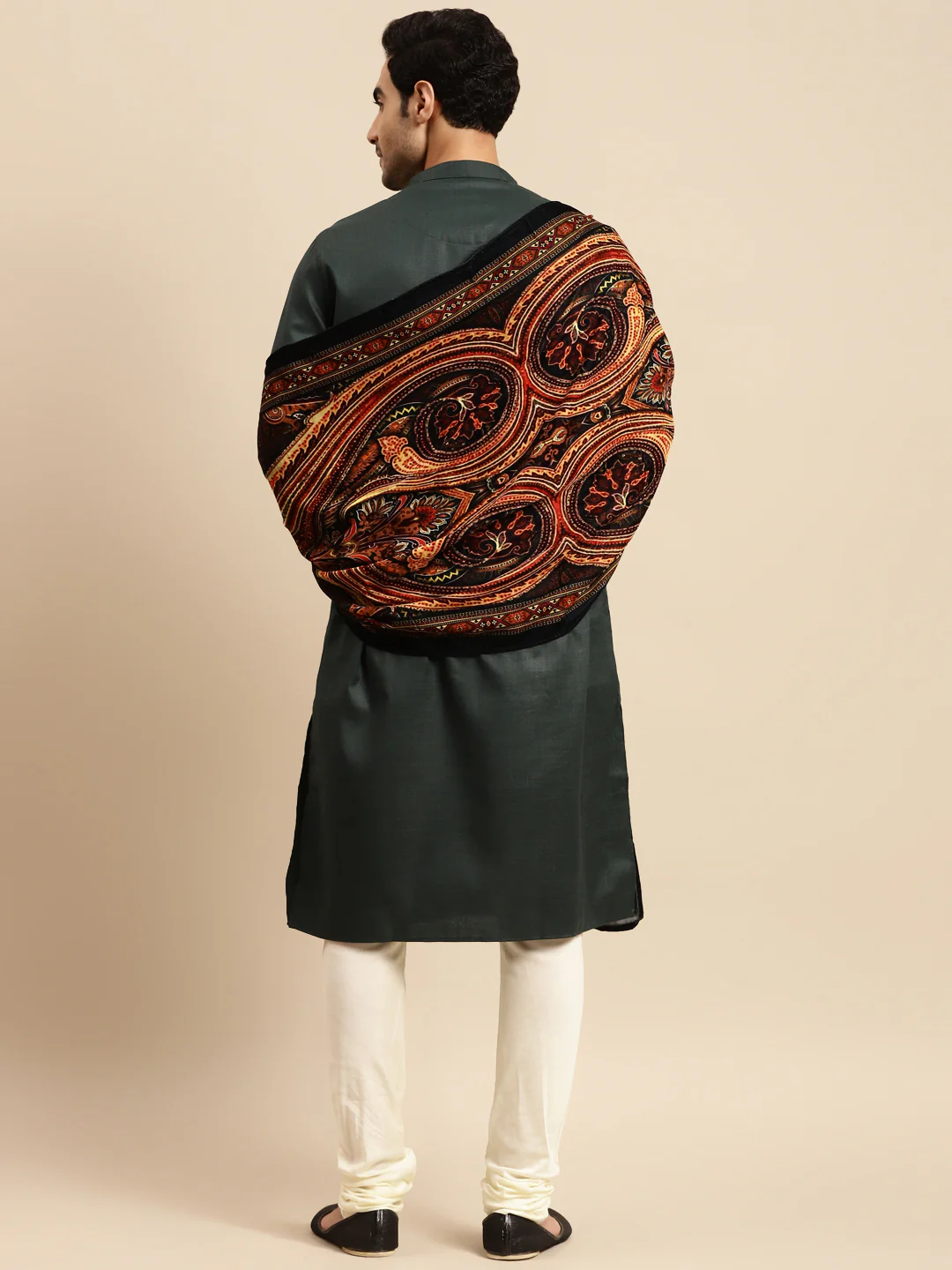 Kurta Churidar Set with Dupatta – Silk Blend Dark Green Kurta with Cream Churidar & Embroidered Black Dupatta – Wedding & Festive Outfit - Image 3