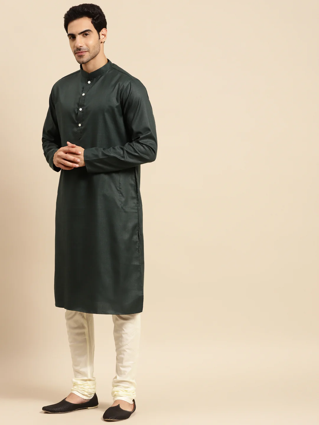 Kurta Churidar Set with Dupatta – Silk Blend Dark Green Kurta with Cream Churidar & Embroidered Black Dupatta – Wedding & Festive Outfit - Image 4