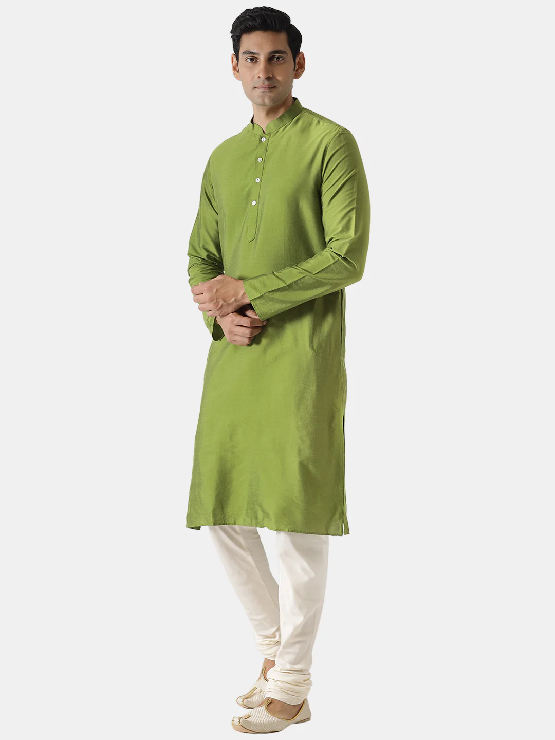 Green Solid Kurta with Cream Churidar - Image 3