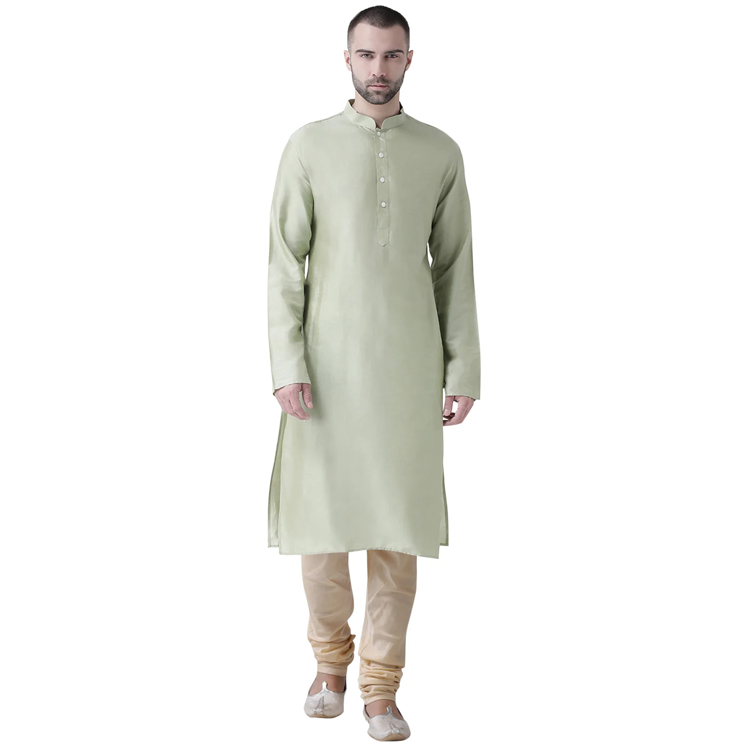 Light Green Silk Blend Kurta Set with Subtle Sheen and Beige Churidar – Festive & Wedding Ensemble