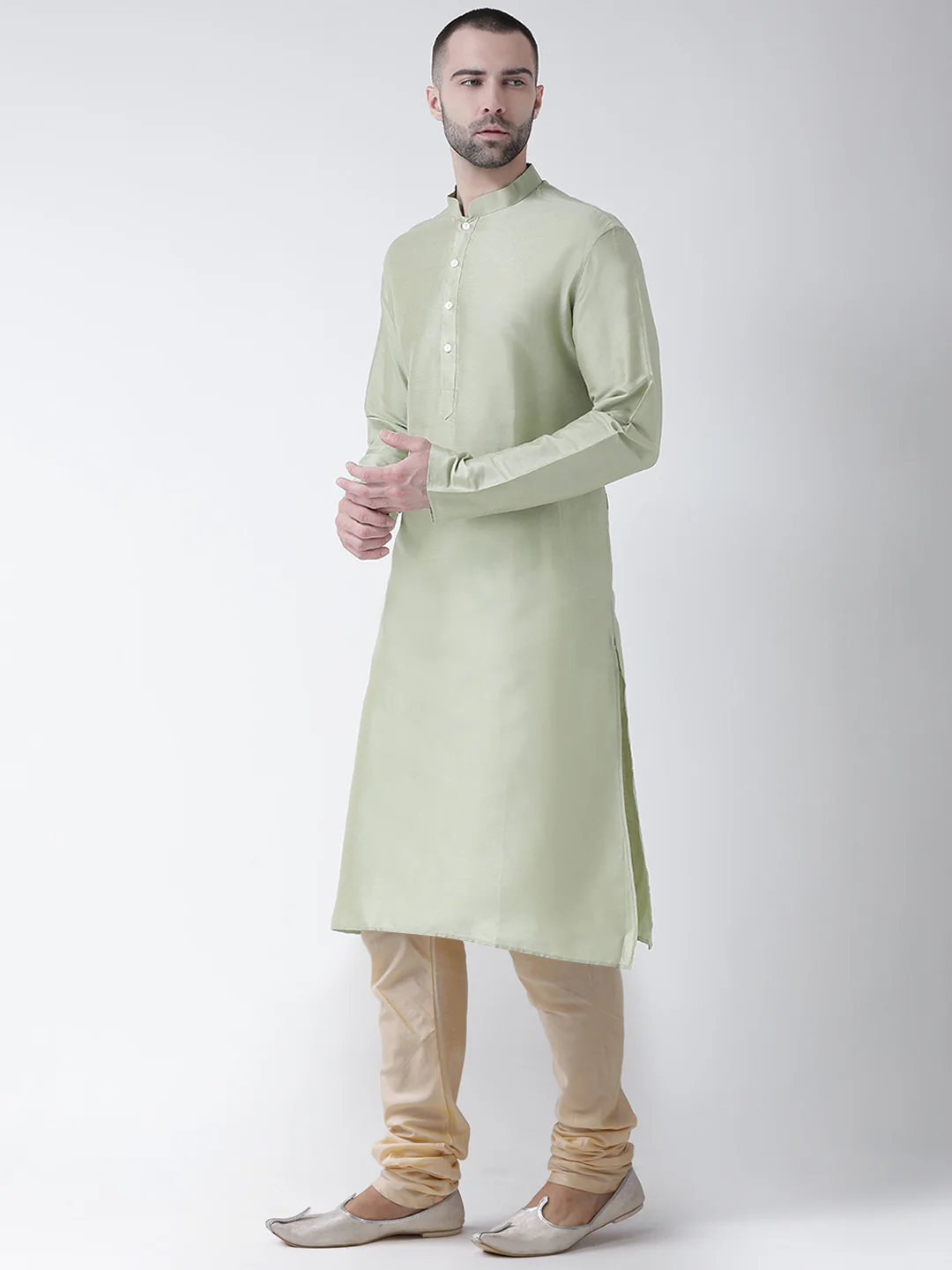 Light Green Silk Blend Kurta Set with Subtle Sheen and Beige Churidar – Festive & Wedding Ensemble - Image 2