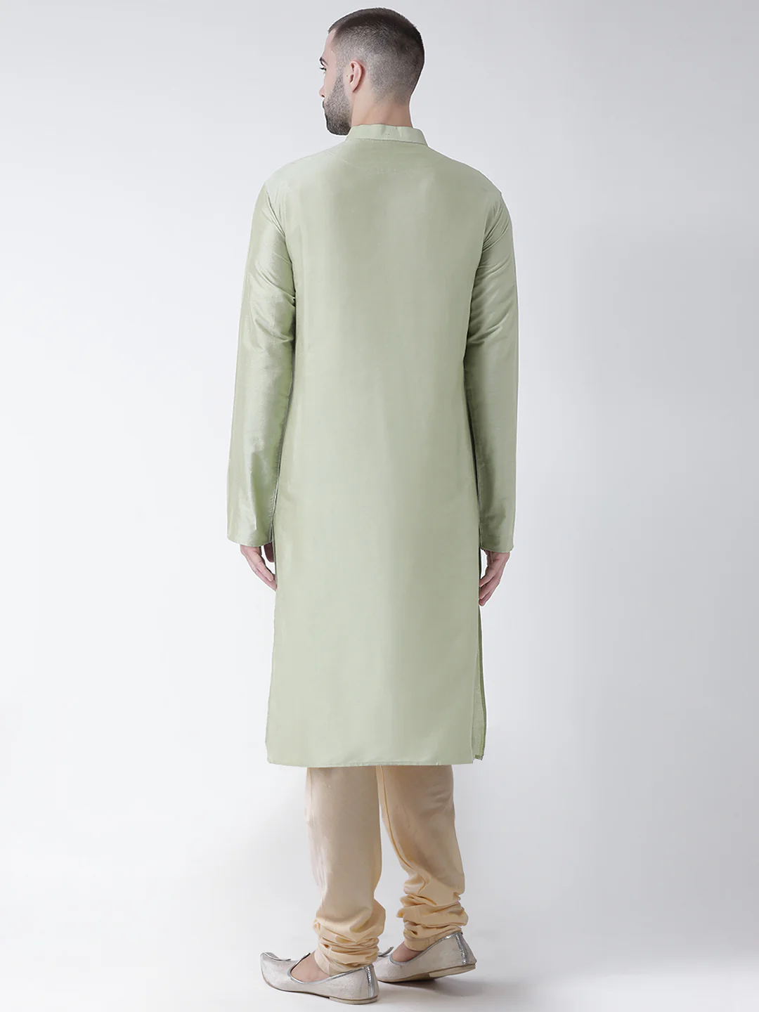 Light Green Silk Blend Kurta Set with Subtle Sheen and Beige Churidar – Festive & Wedding Ensemble - Image 3