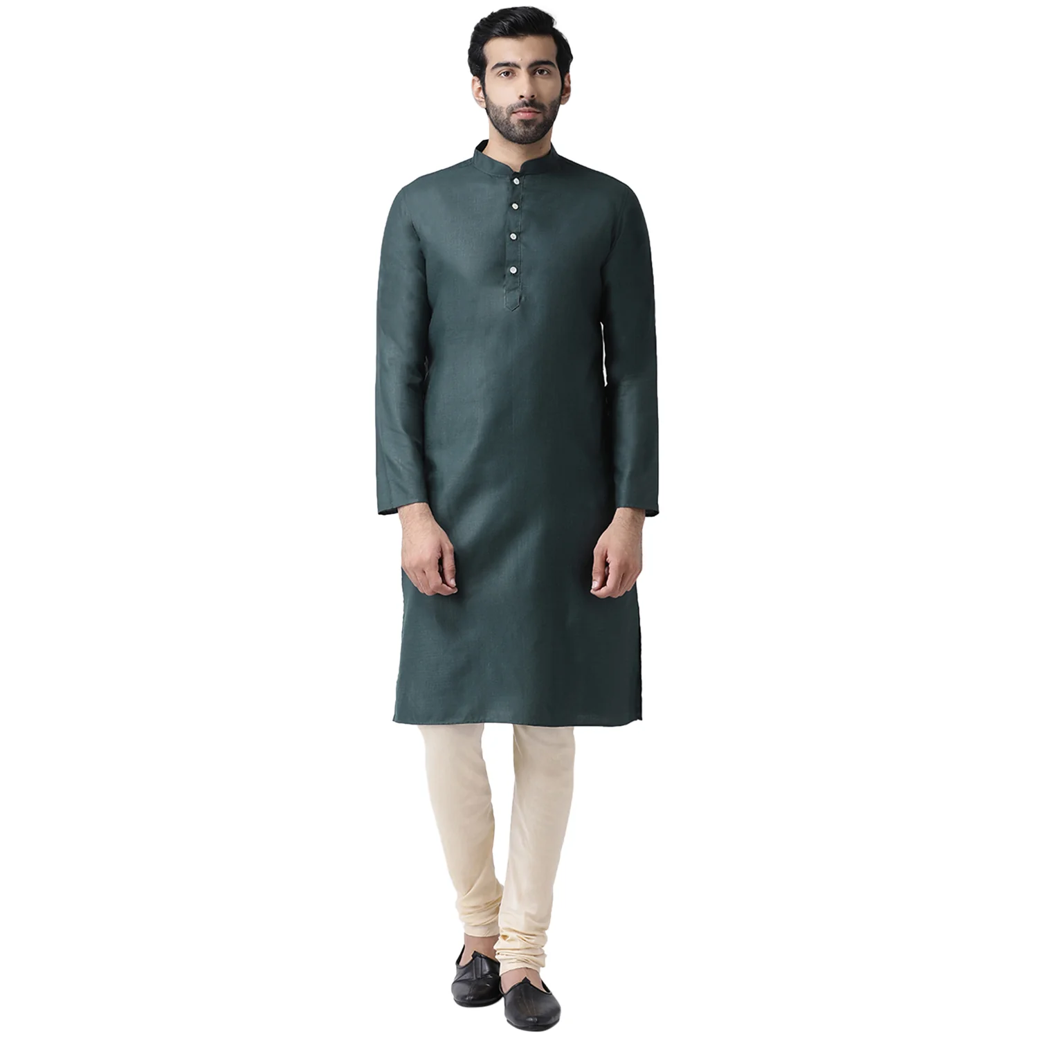 Dark Green Silk Blend Solid Kurta Churidar Set