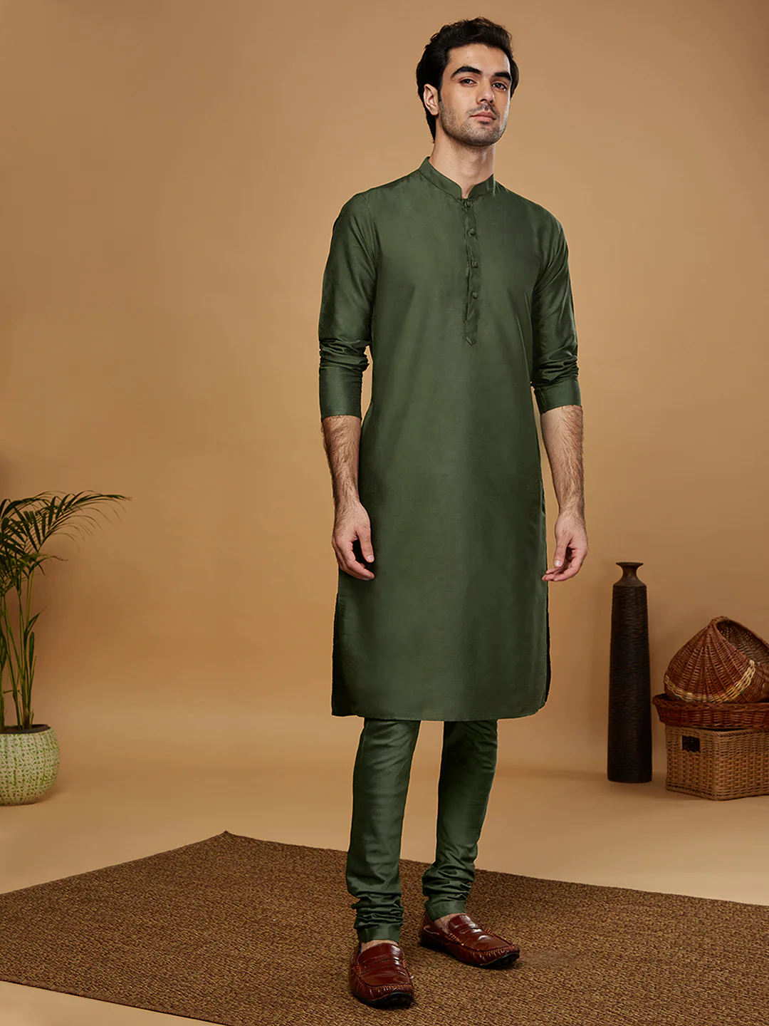 Green Silk Blend Solid Kurta Churidar Set