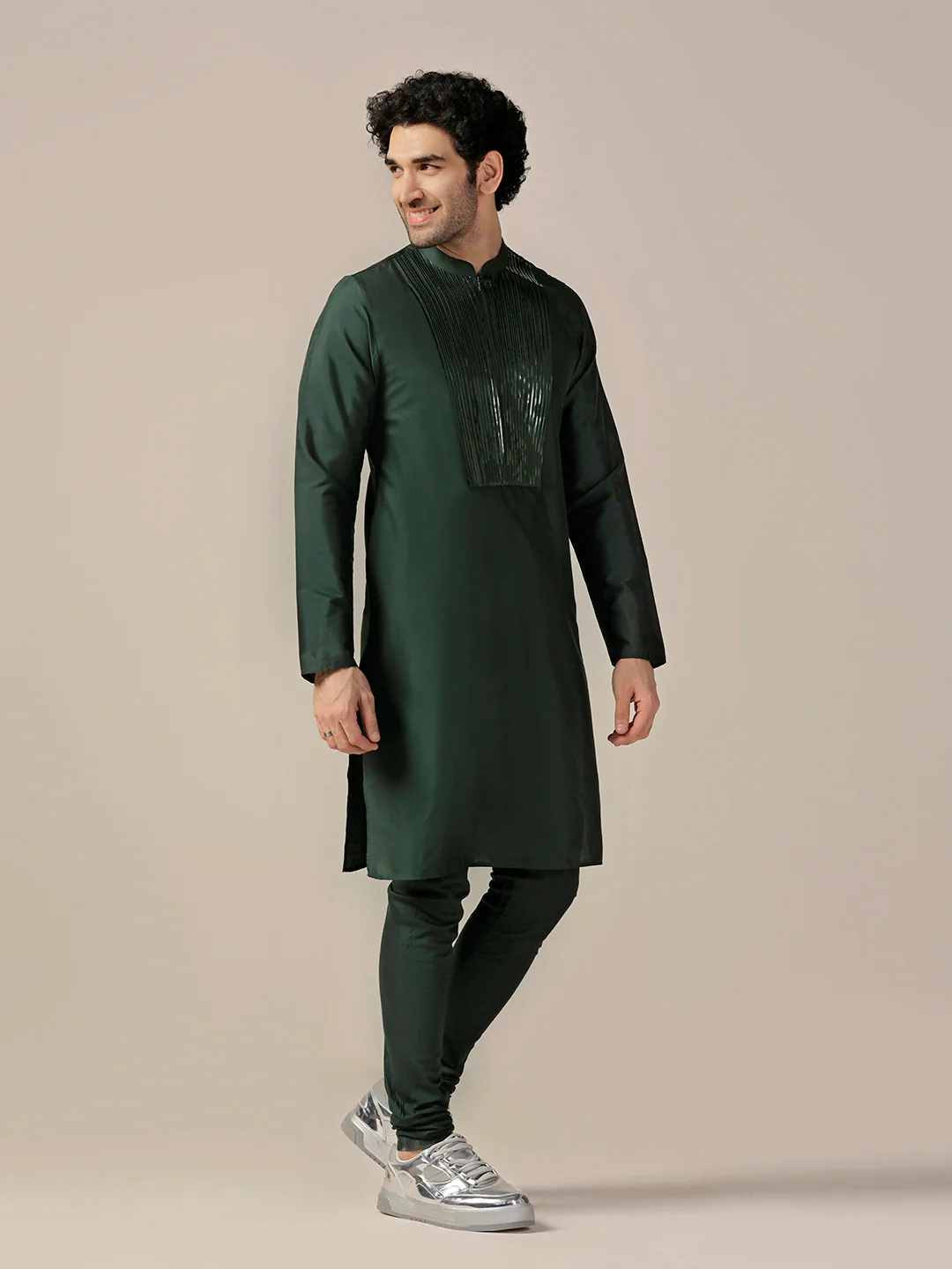 Men Green Kurta Churidar Set - Image 3
