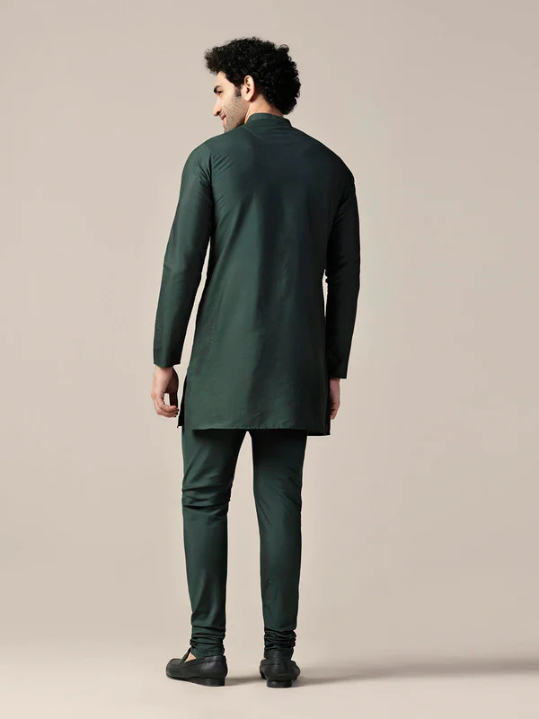 Green Silk Blend Solid Kurta with Churidar - Image 4