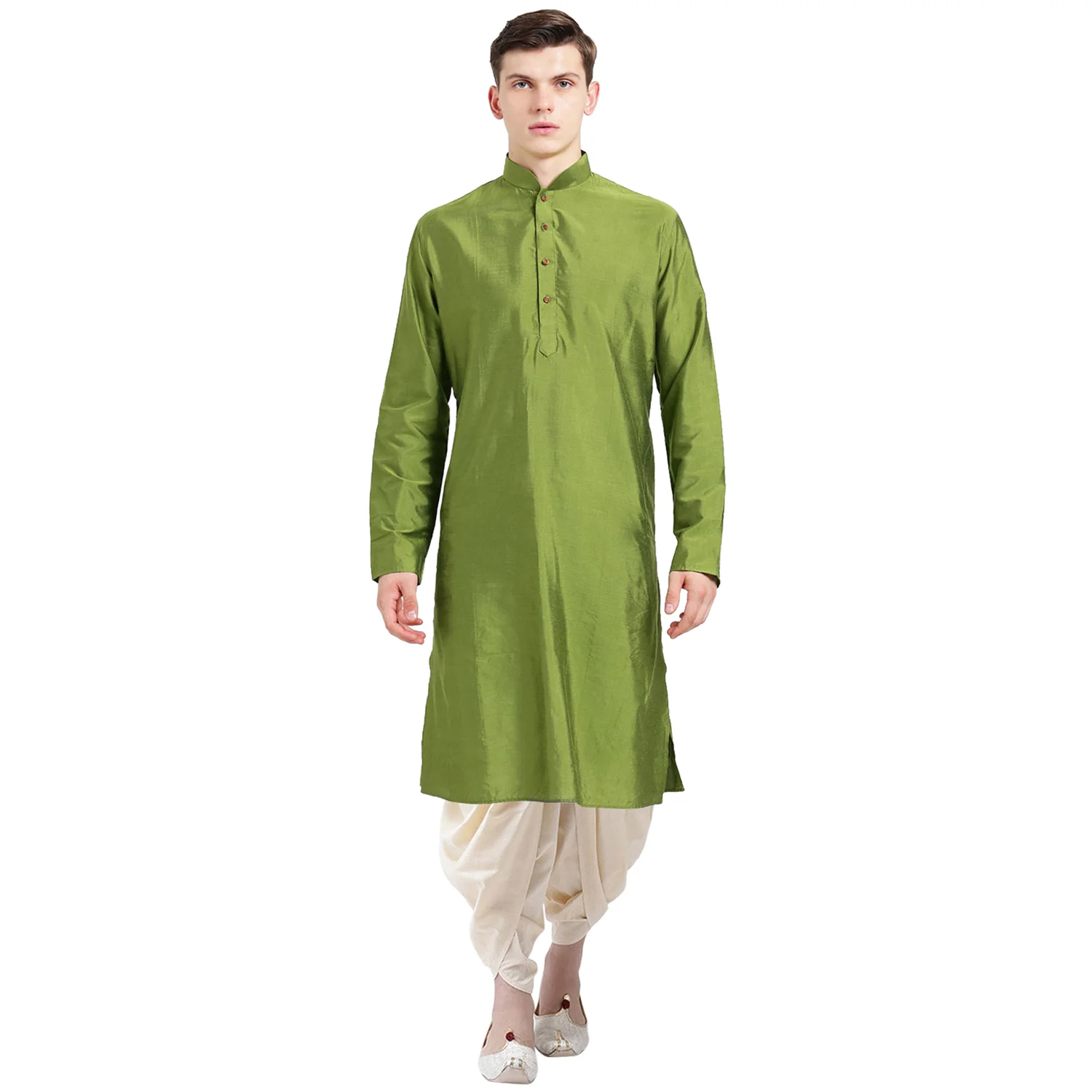 Green Solid Kurta with Cream Dhoti Set