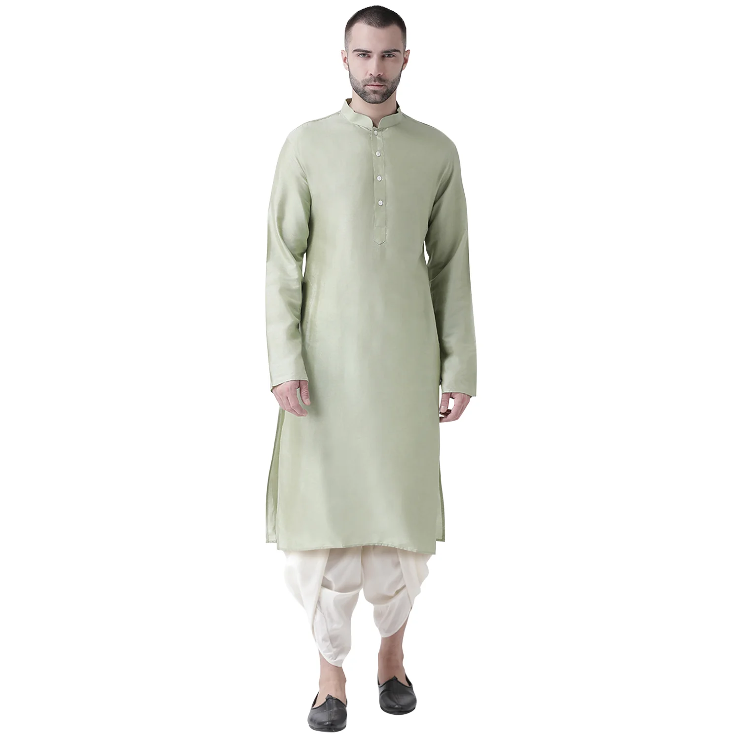 Light Green Silk Blend Solid Kurta Dhoti