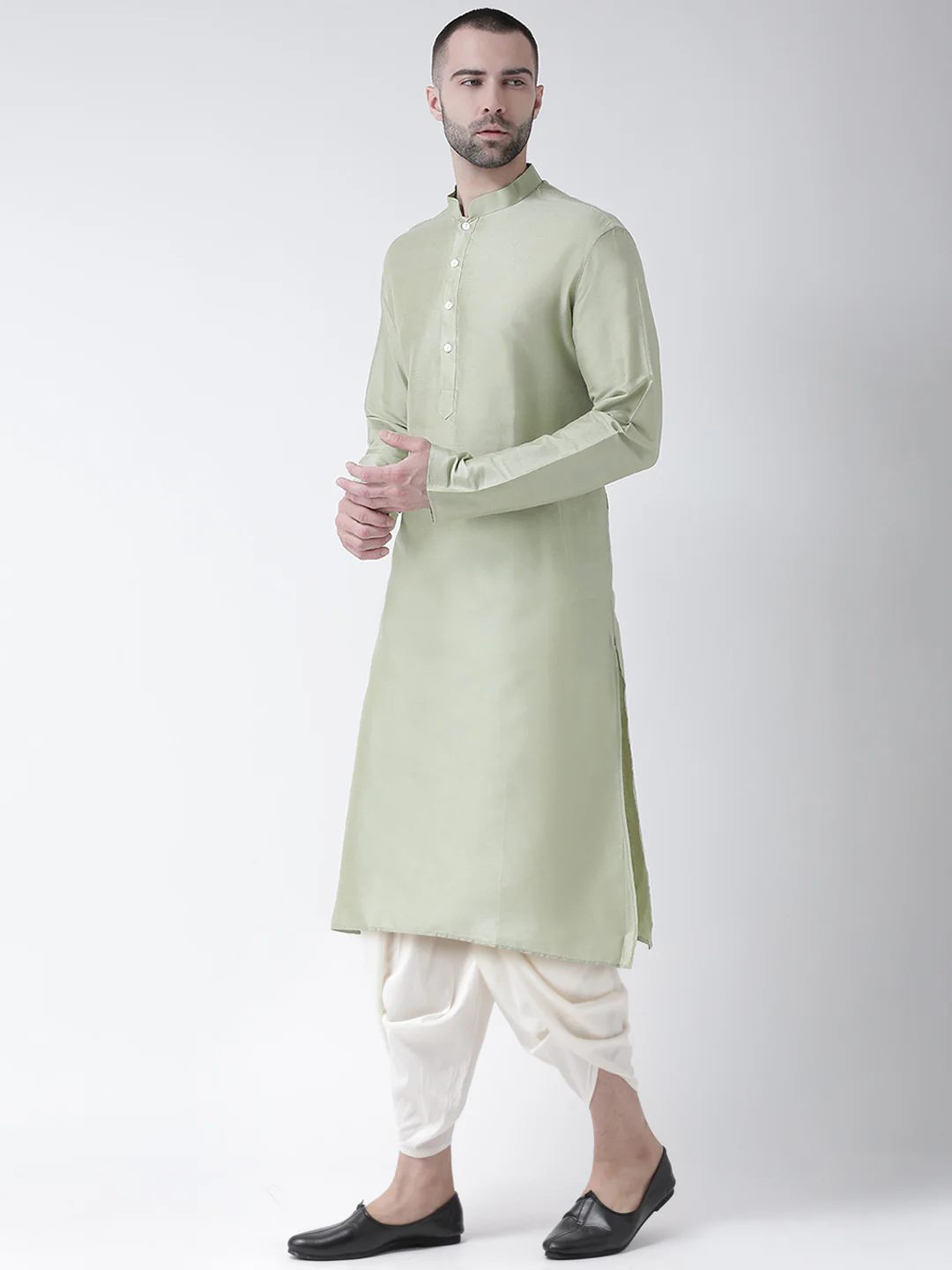 Light Green Silk Blend Solid Kurta Dhoti - Image 2