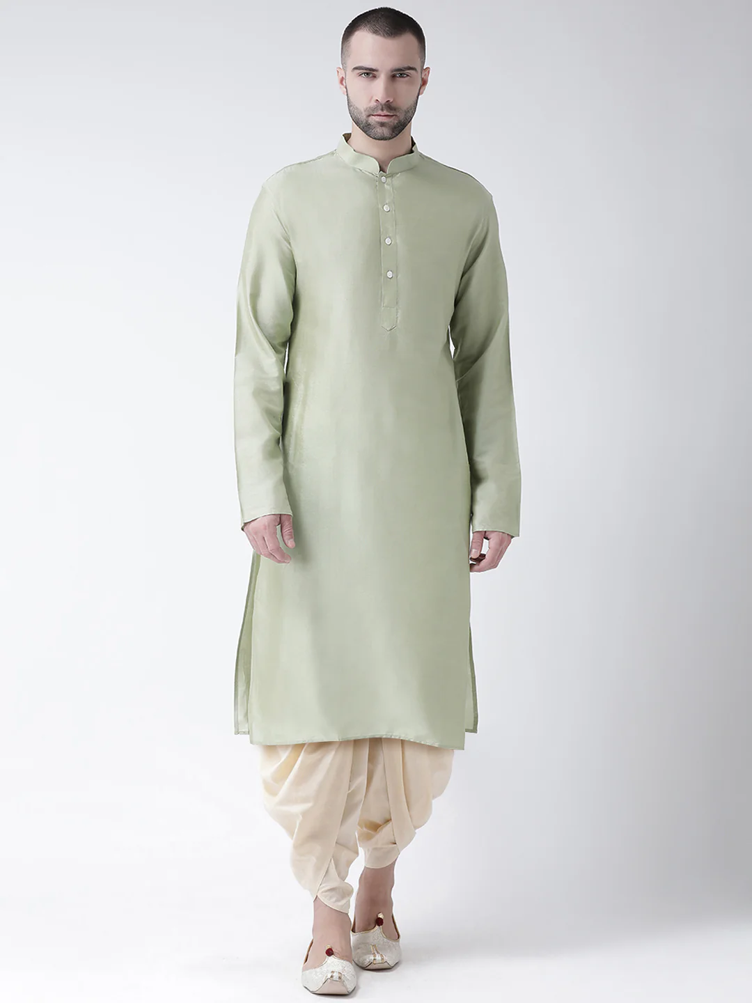 Light Green Silk Blend Solid Kurta Beige Dhoti