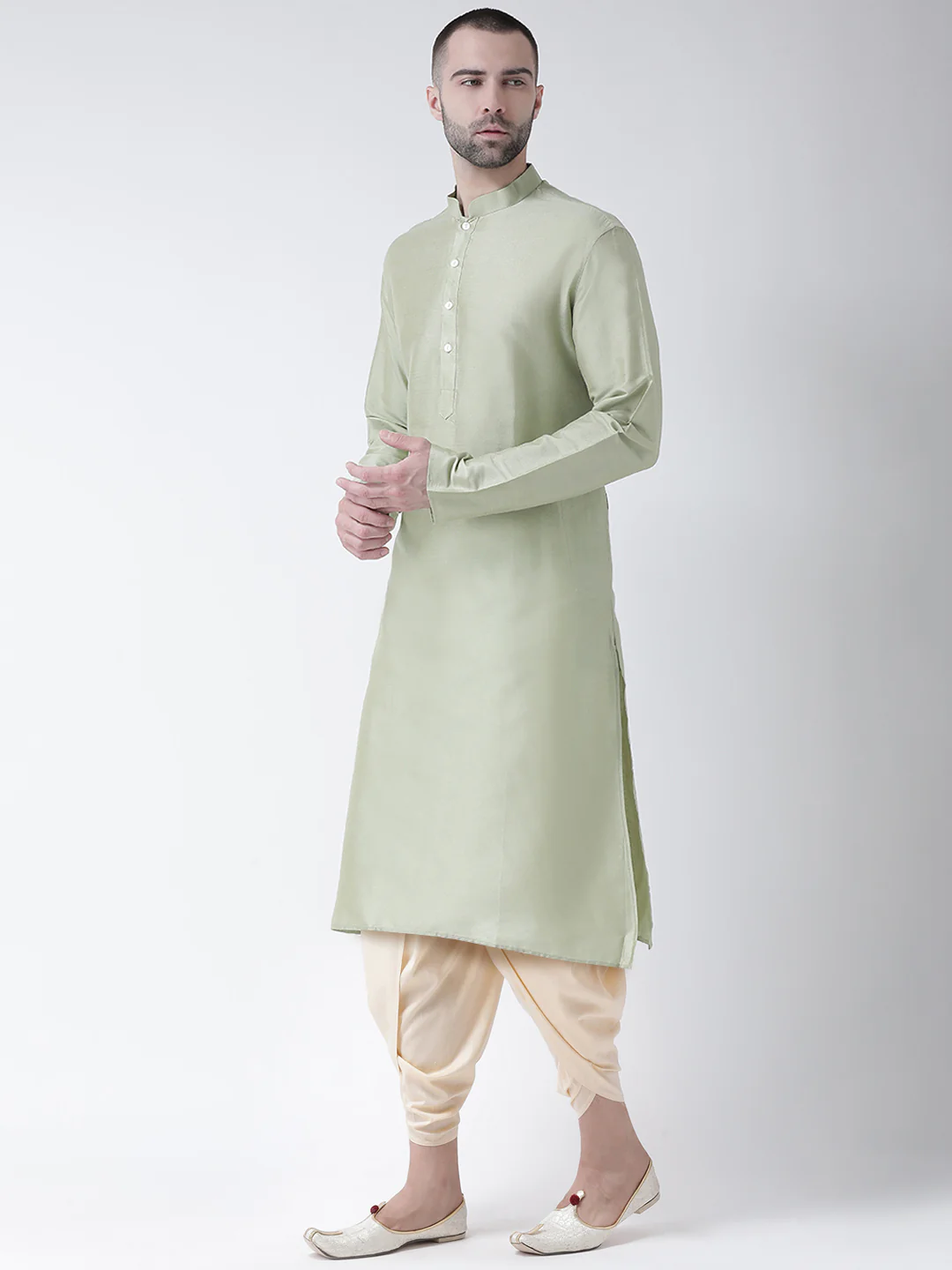 Light Green Silk Blend Solid Kurta Beige Dhoti - Image 2