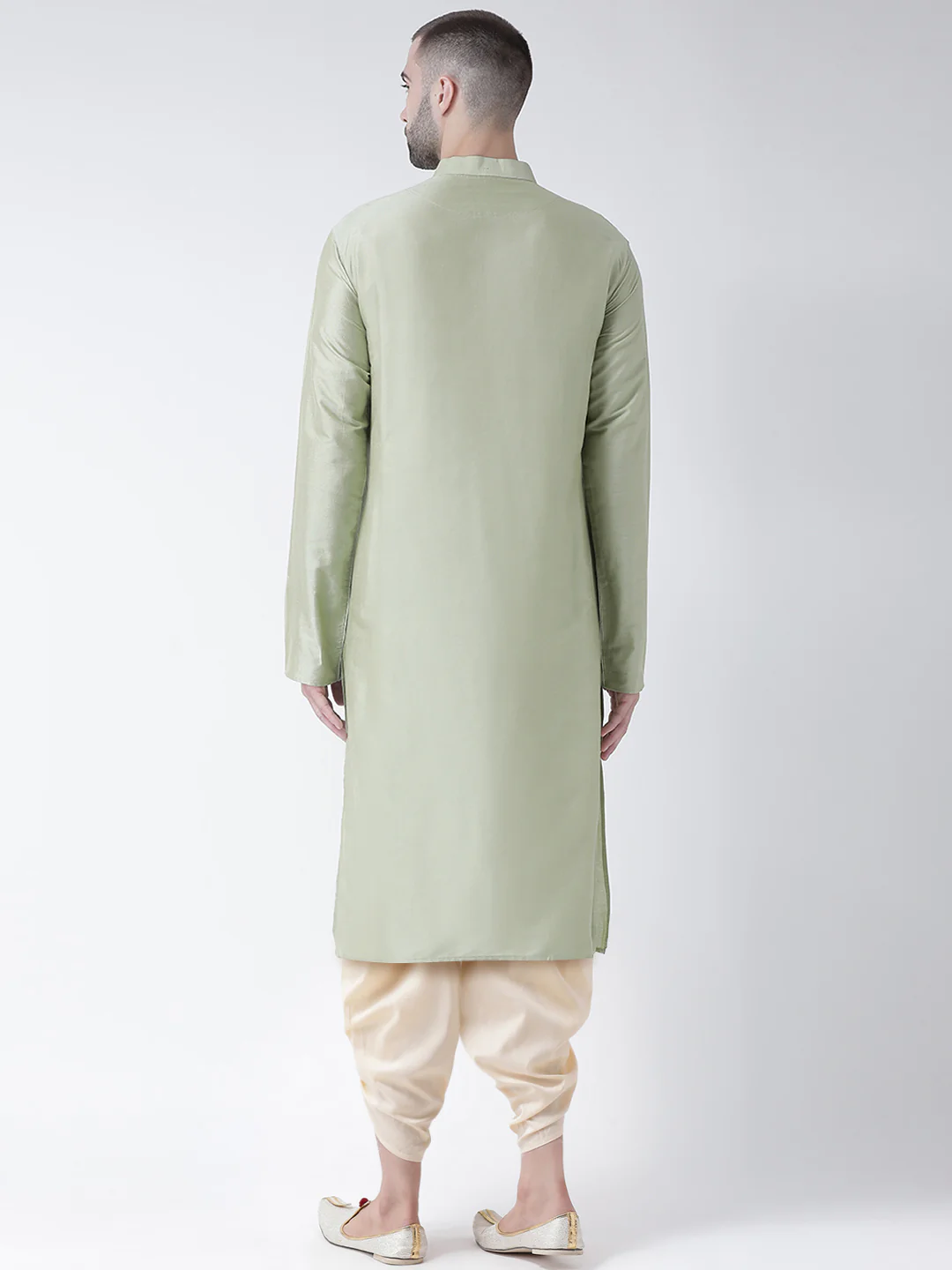 Light Green Silk Blend Solid Kurta Beige Dhoti - Image 3
