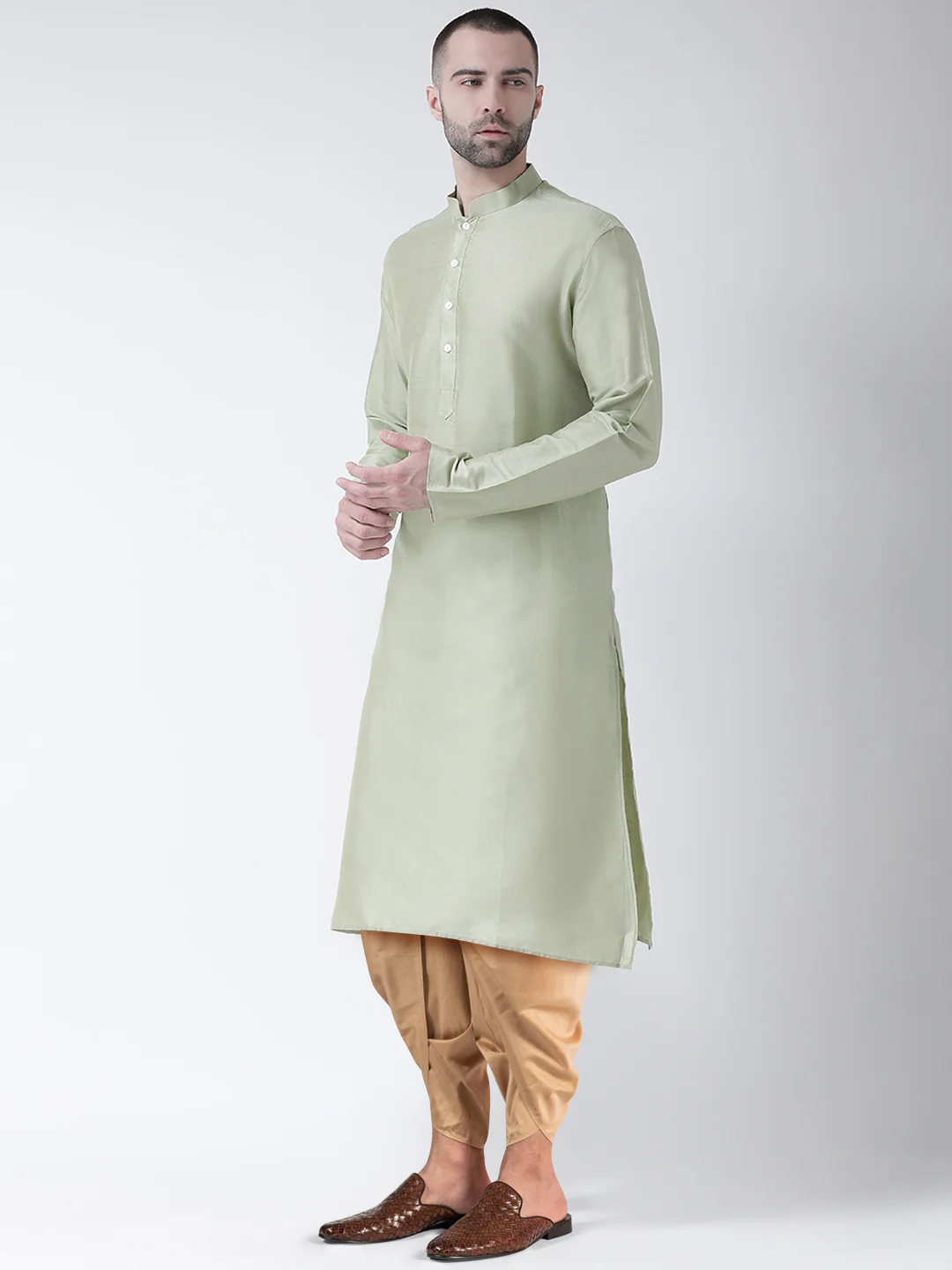 Mint Green Kurta Golden Dhoti Set - Image 2