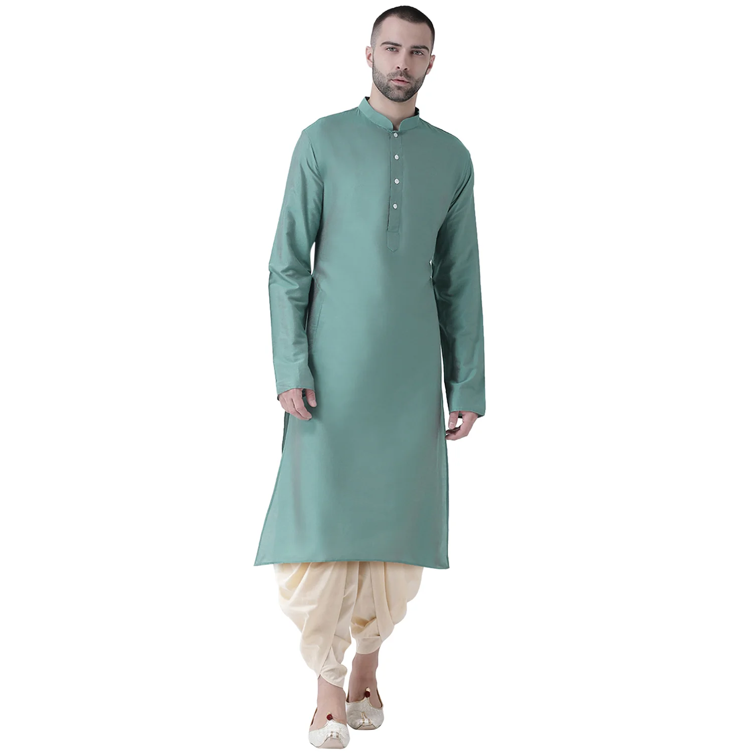 Green Silk Blend Solid Long Kurta