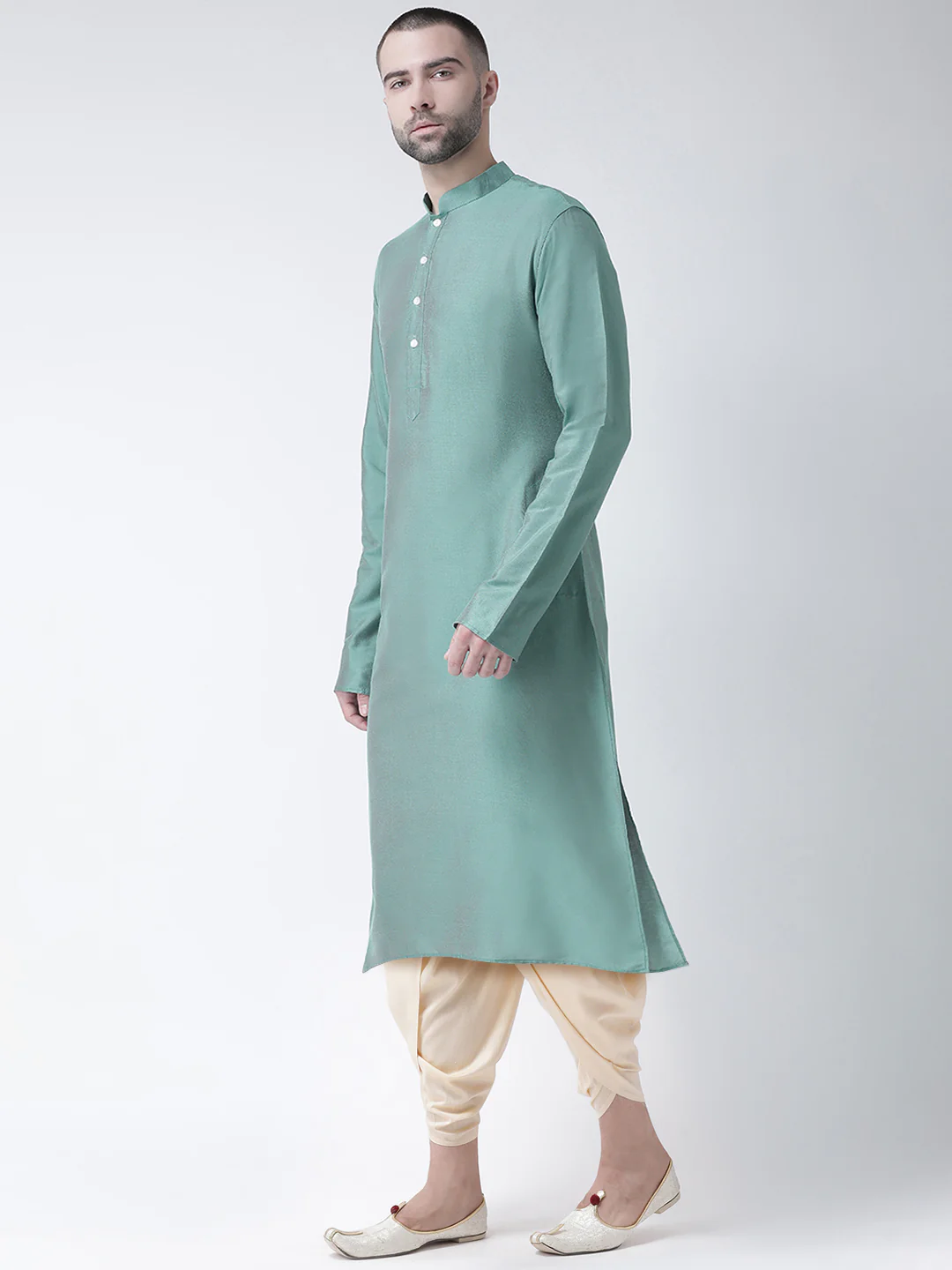Green Silk Blend Solid Long Kurta - Image 2