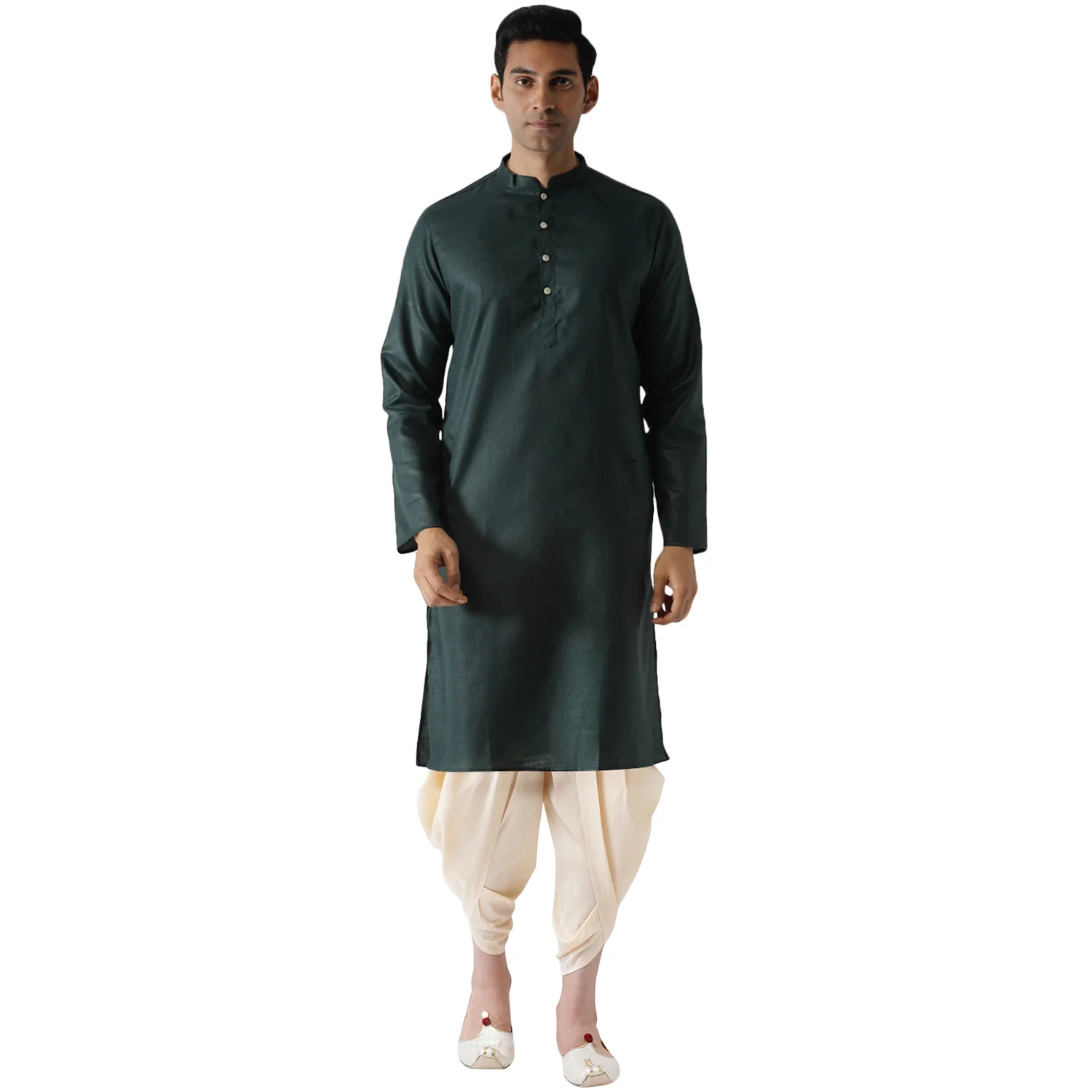 Dark Green Silk Blend Kurta with Cream Dhoti