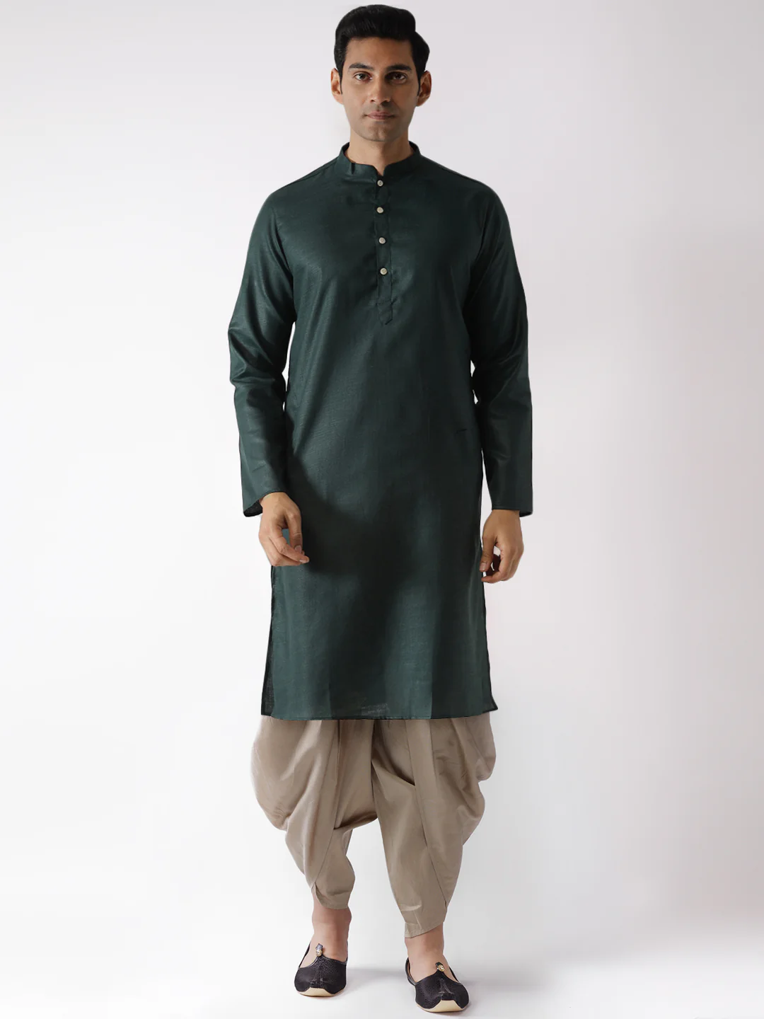 Dark Green Silk Kurta with Beige Dhoti
