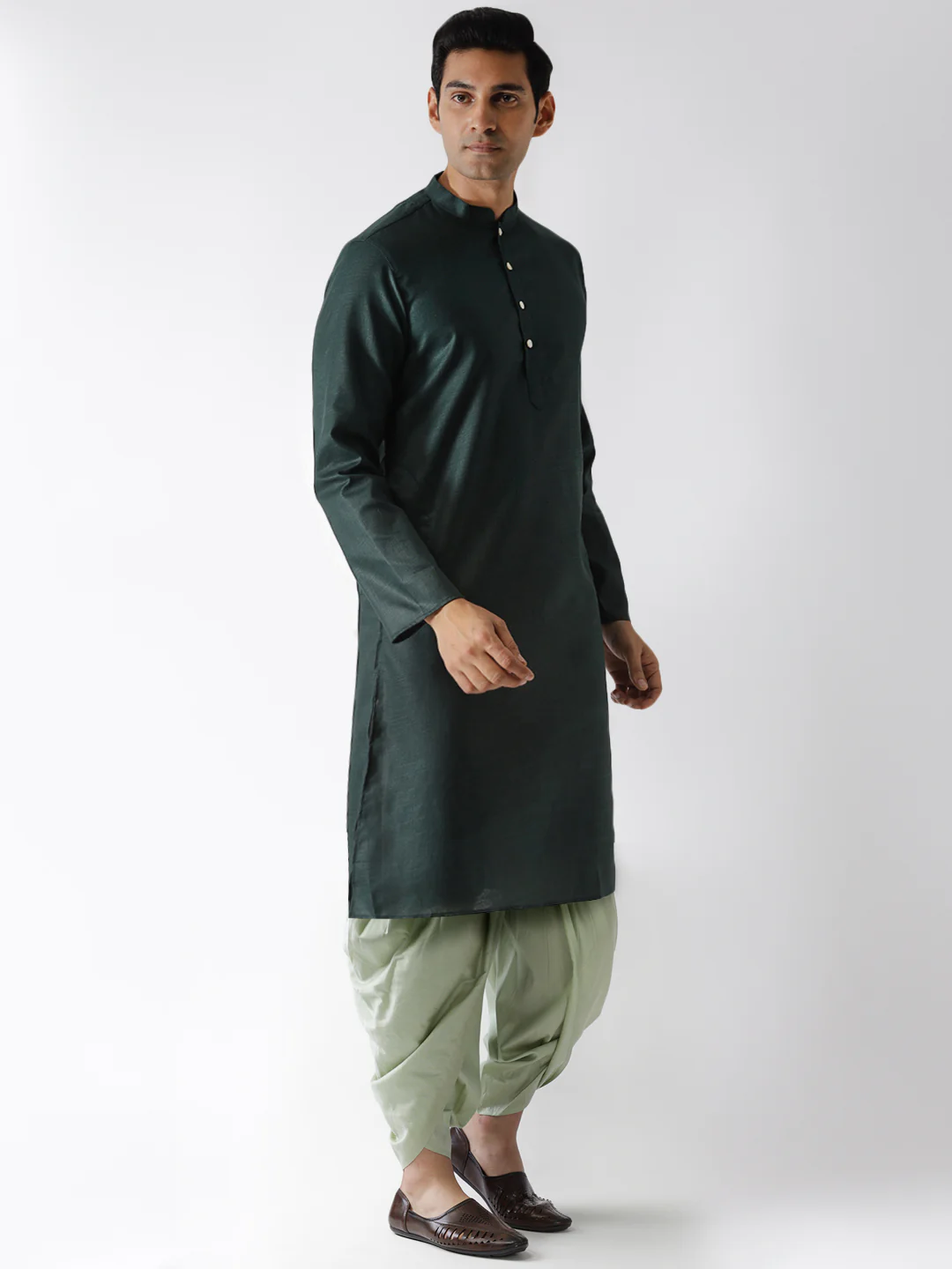 Dark Green Solid Kurta with Light Green Dhoti - Image 2