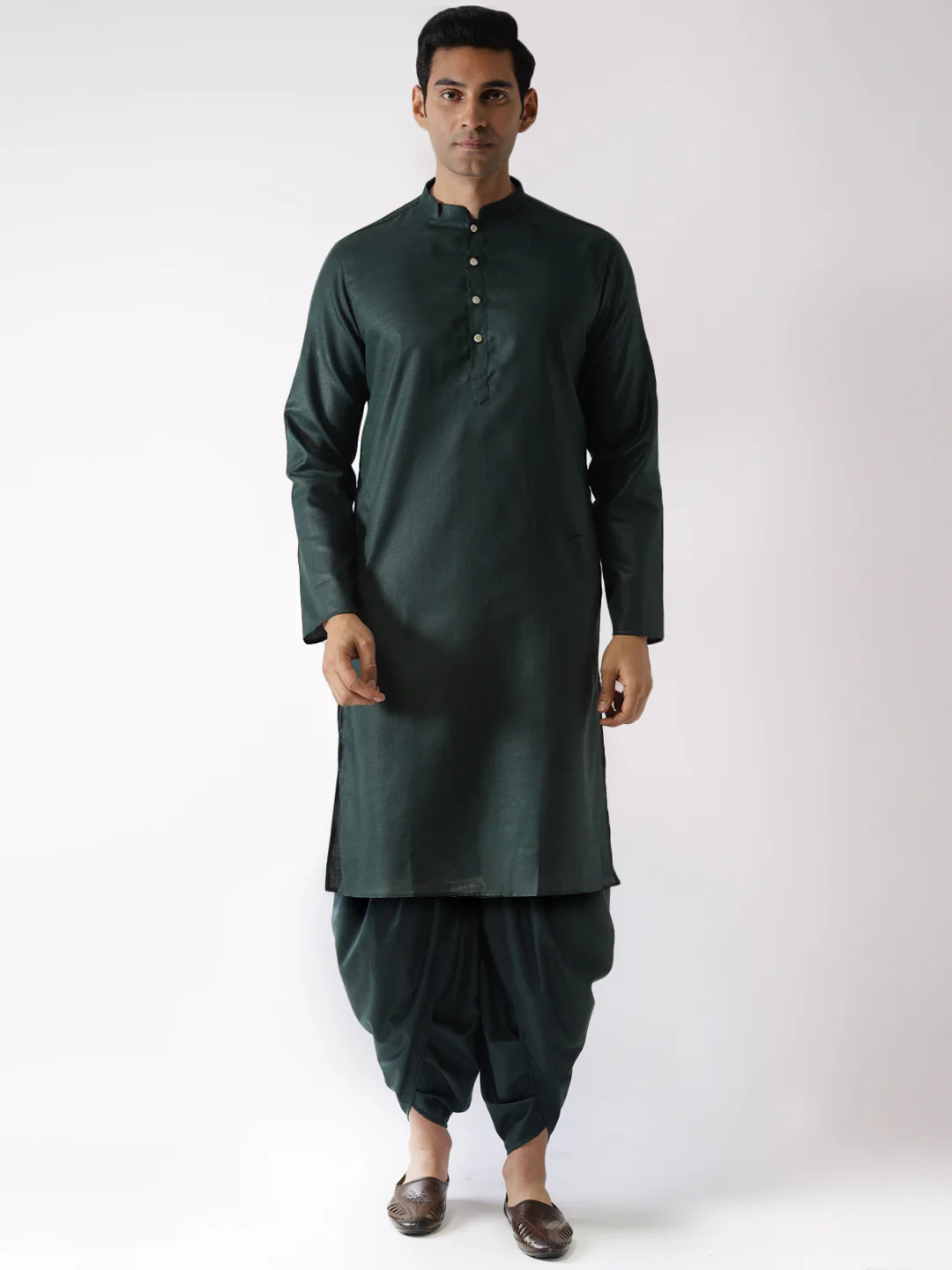 Bottle Green Solid Kurta Dhoti Set