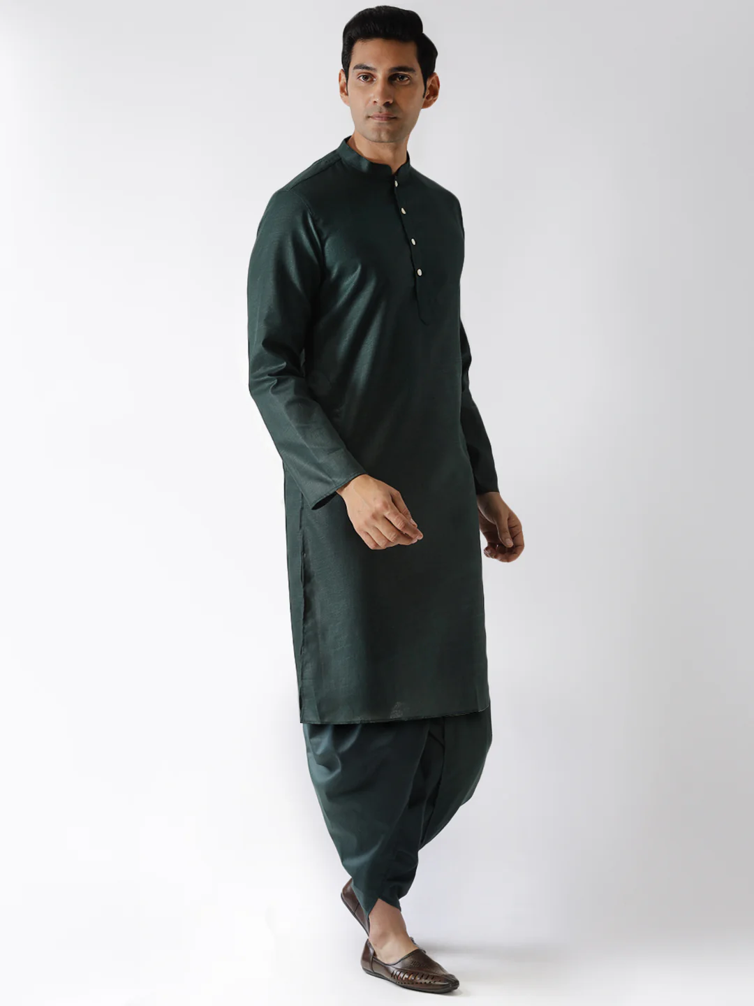 Bottle Green Solid Kurta Dhoti Set - Image 2