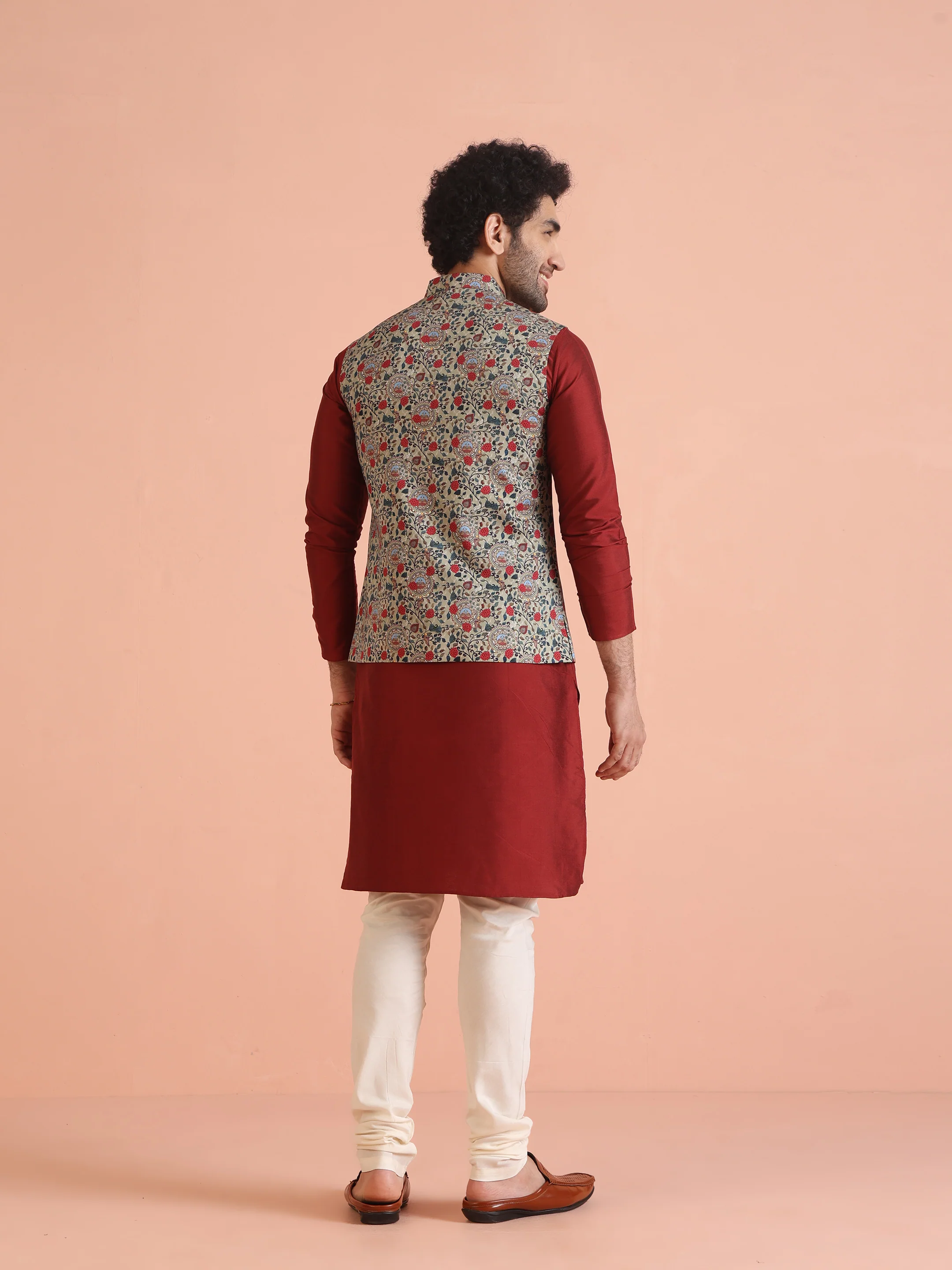 Multi-Coloured Cotton Floral Nehru Jacket Kurta Set - Image 4
