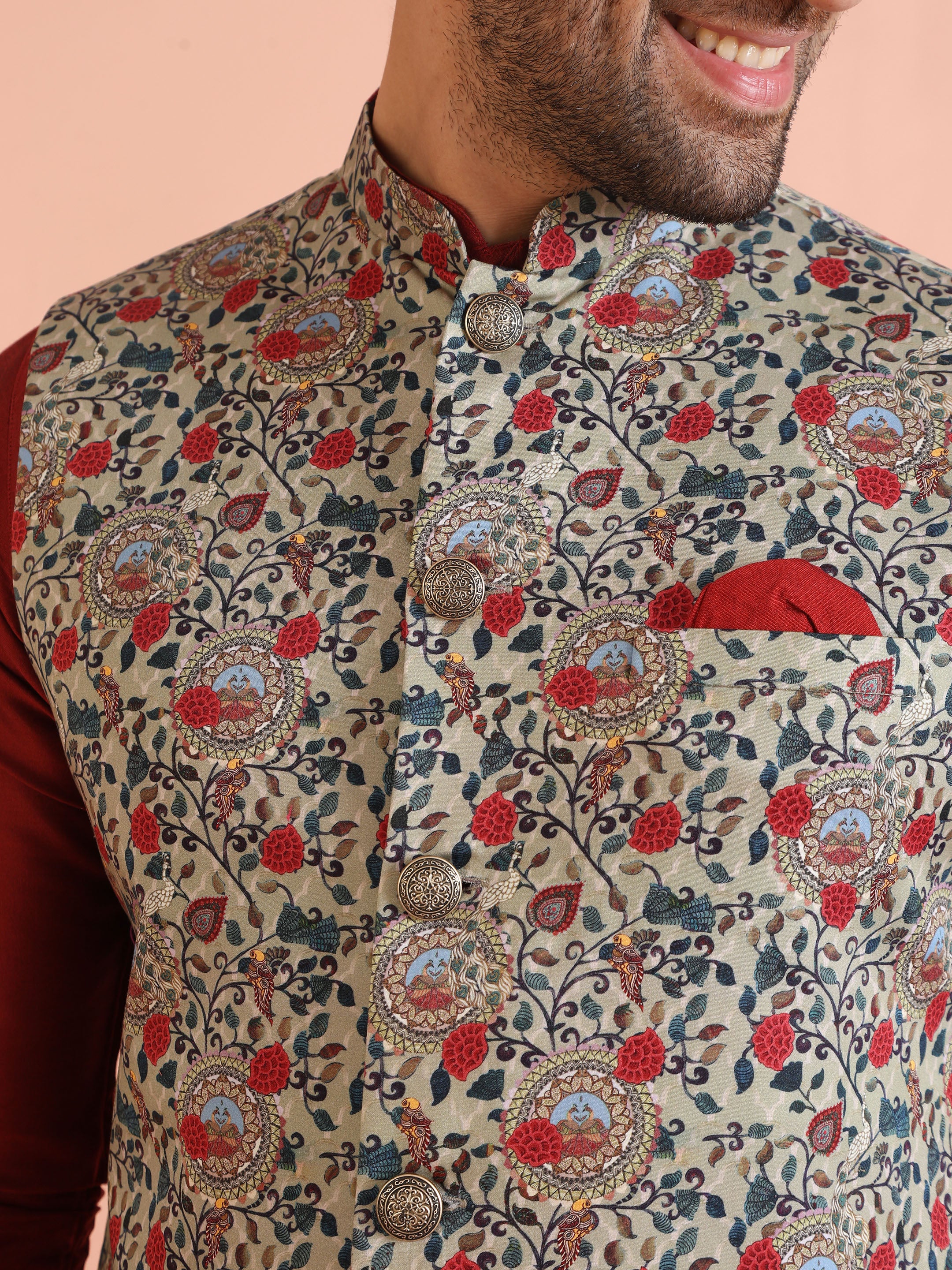 Multi-Coloured Cotton Floral Nehru Jacket Kurta Set - Image 5