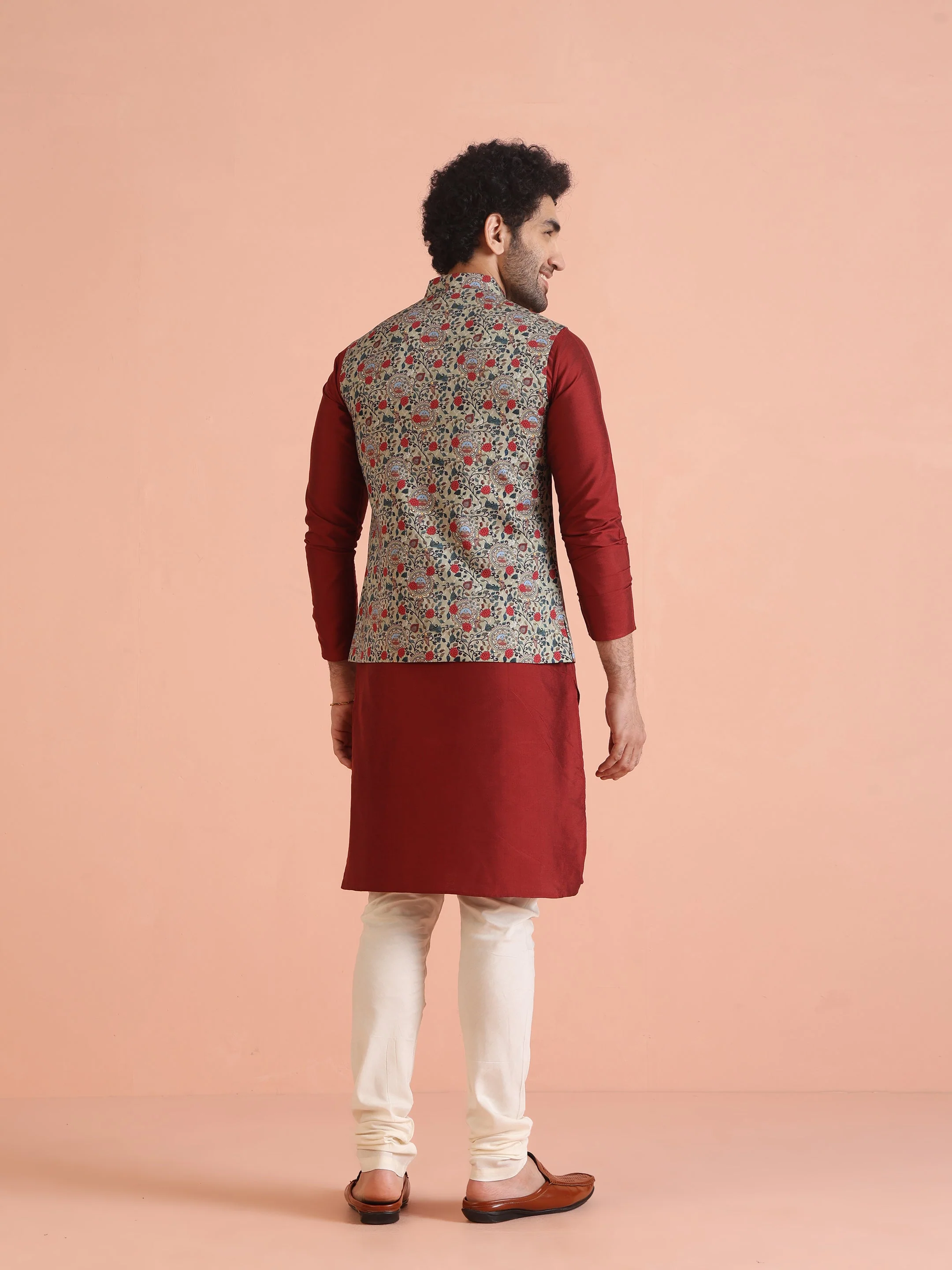 Multi-Coloured Cotton Floral Nehru Jacket Kurta Set - Image 9