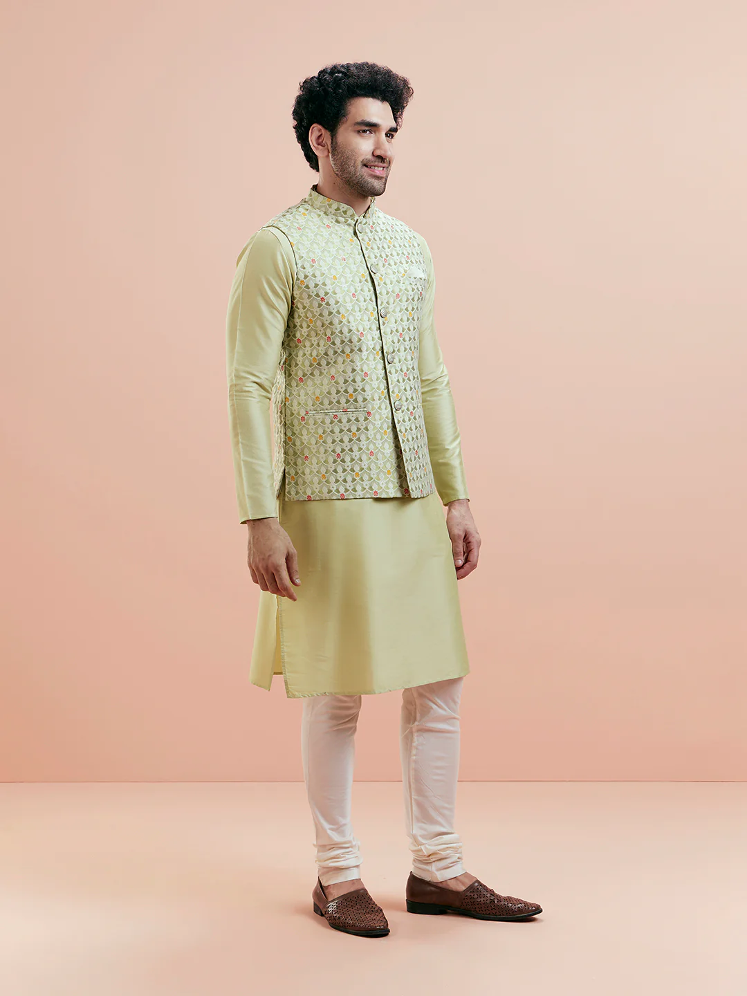 Green Silk Woven Nehru Jacket Kurta Churidar Set - Image 3