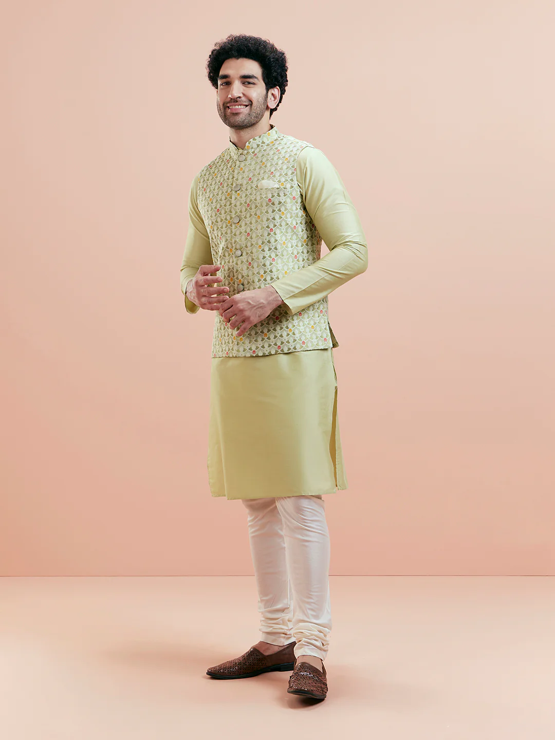 Green Silk Woven Nehru Jacket Kurta Churidar Set - Image 4
