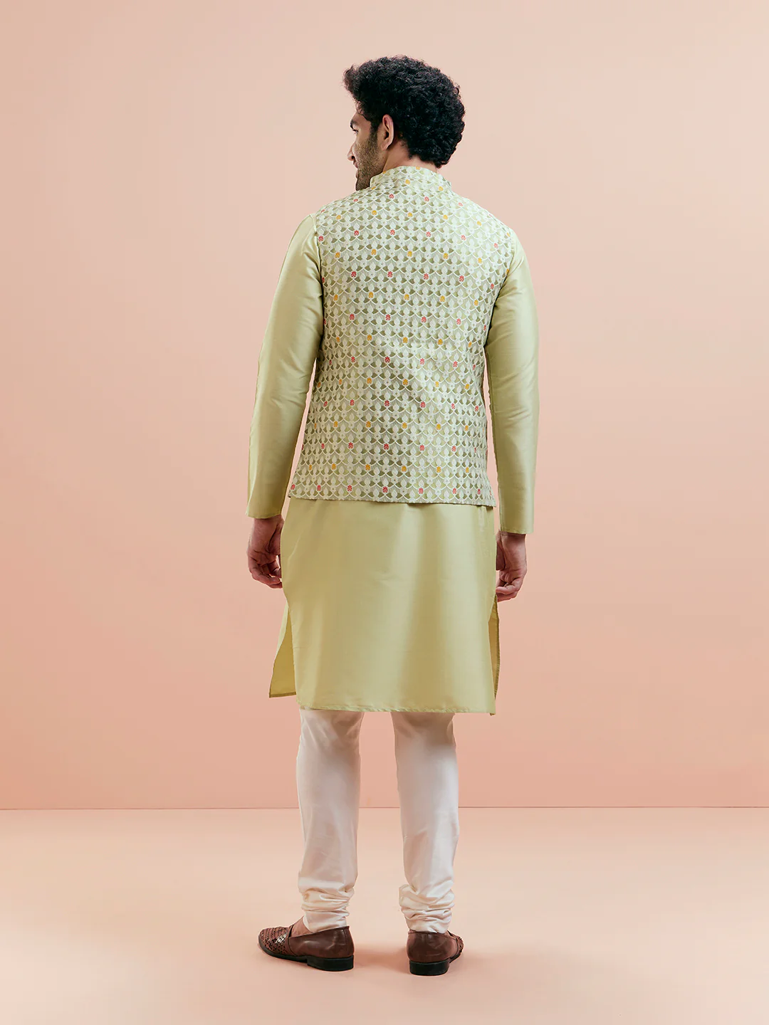 Green Silk Woven Nehru Jacket Kurta Churidar Set - Image 5