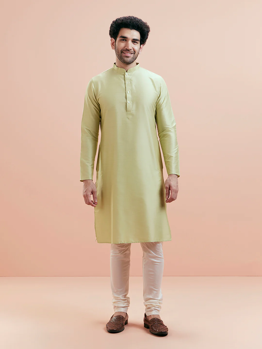 Green Silk Woven Nehru Jacket Kurta Churidar Set - Image 6
