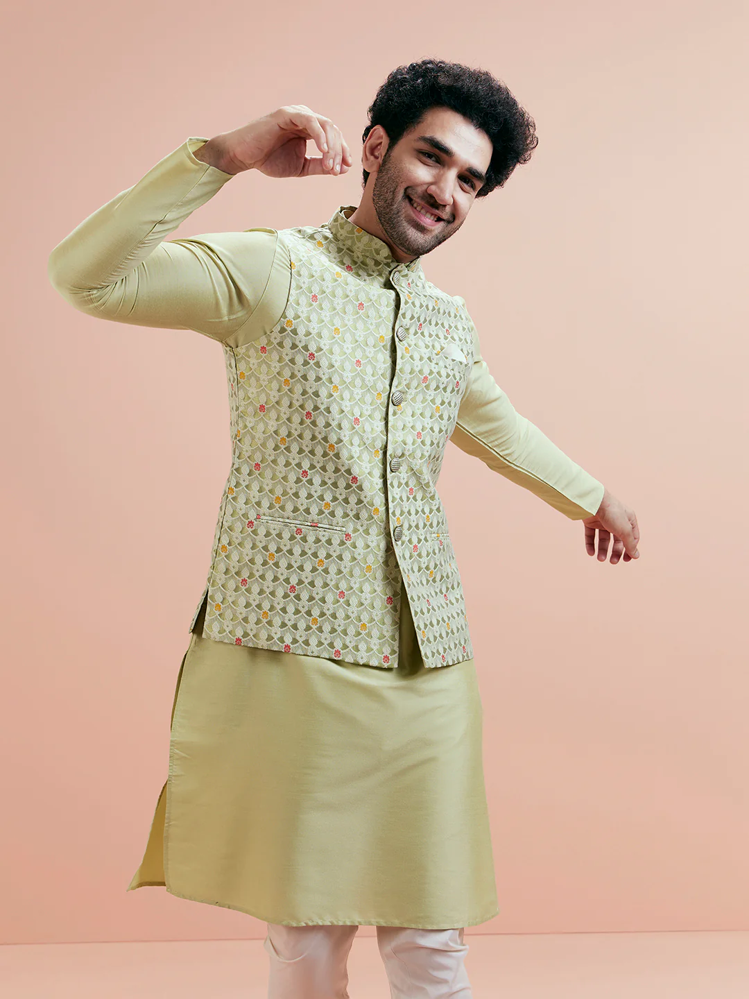 Green Silk Woven Nehru Jacket Kurta Churidar Set - Image 9