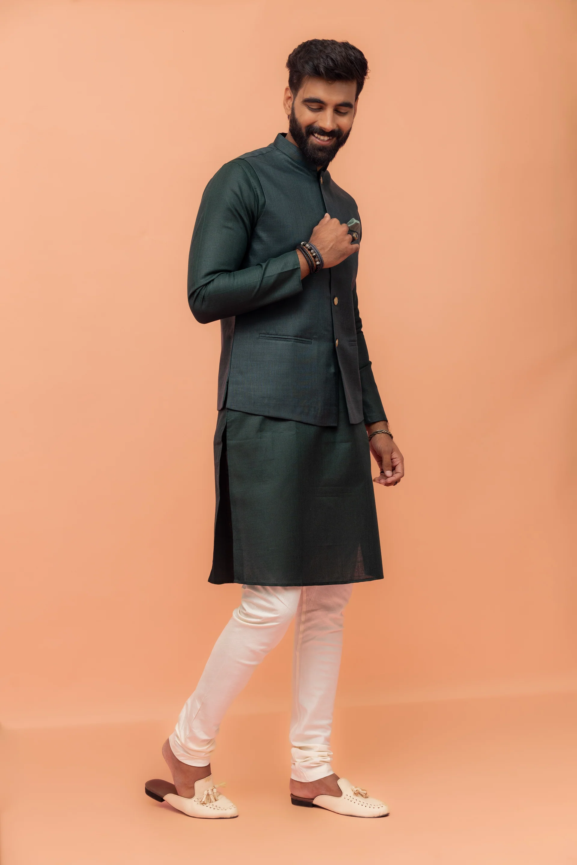 Green Cotton Nehru Jacket Kurta Churidar Set - Image 2