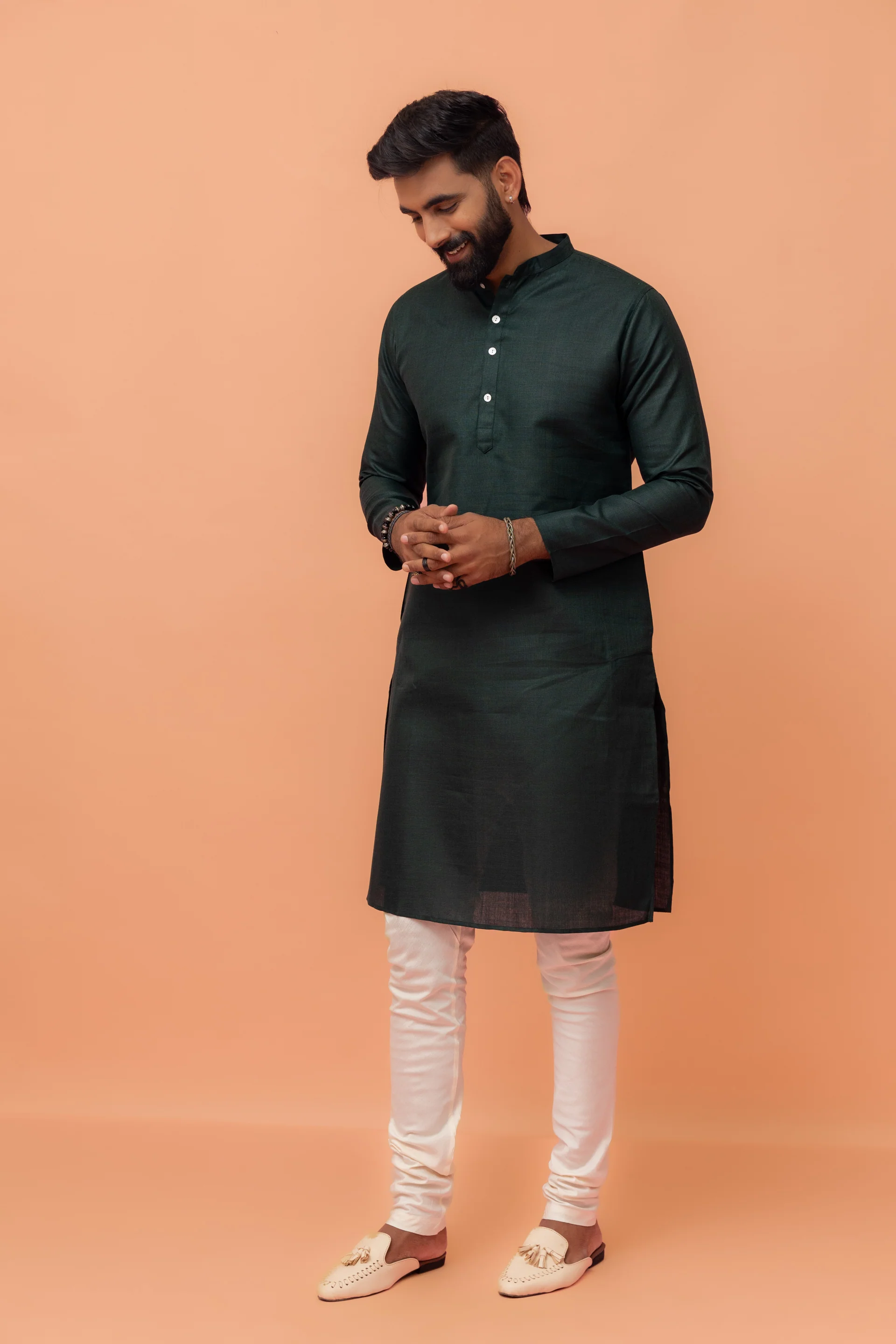 Green Cotton Nehru Jacket Kurta Churidar Set - Image 3