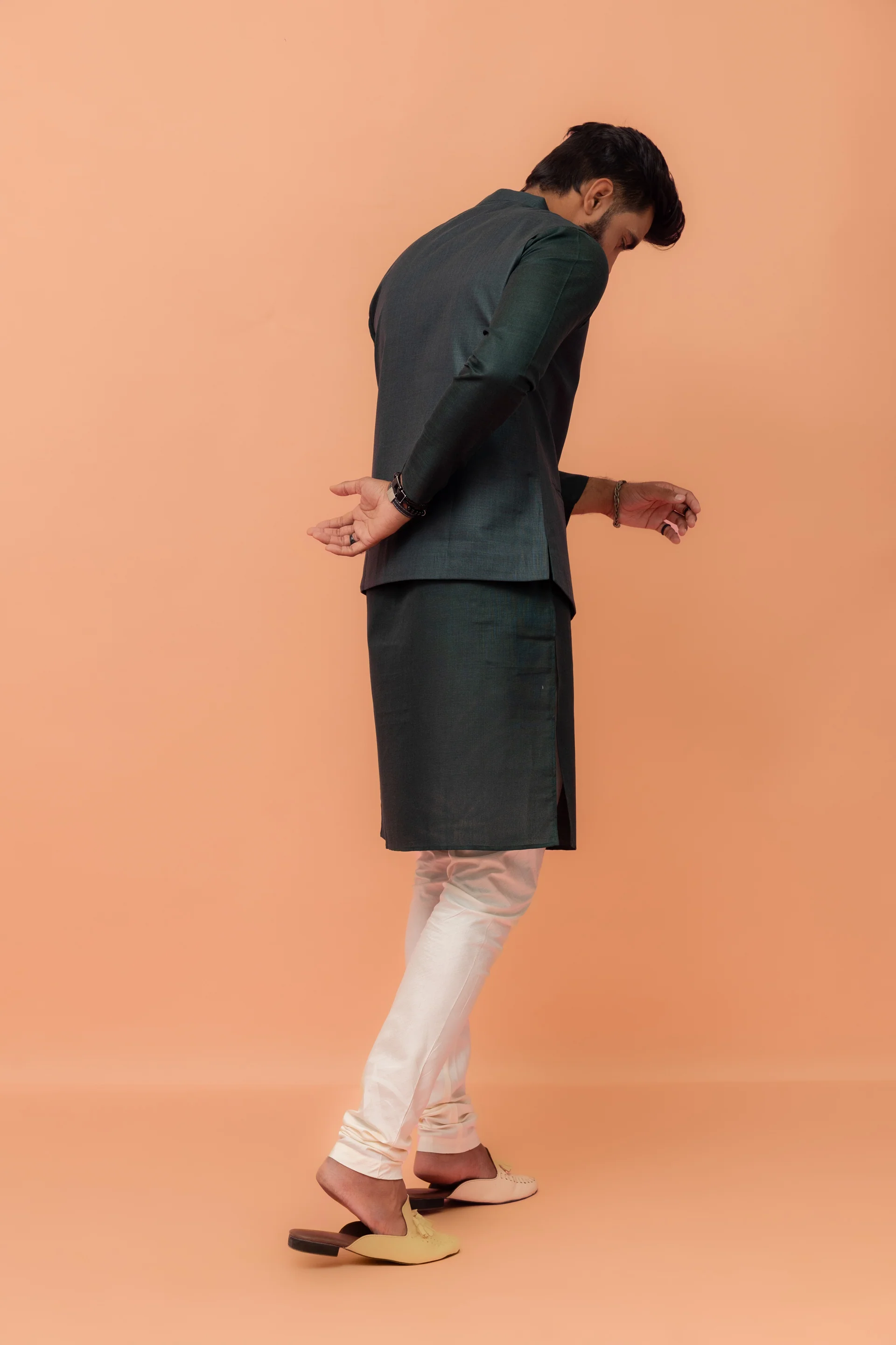 Green Cotton Nehru Jacket Kurta Churidar Set - Image 4