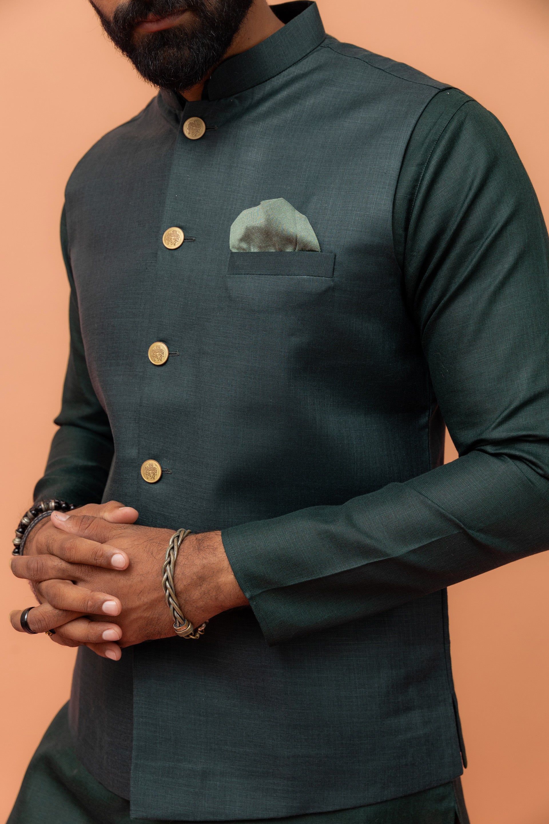 Green Cotton Nehru Jacket Kurta Churidar Set - Image 5