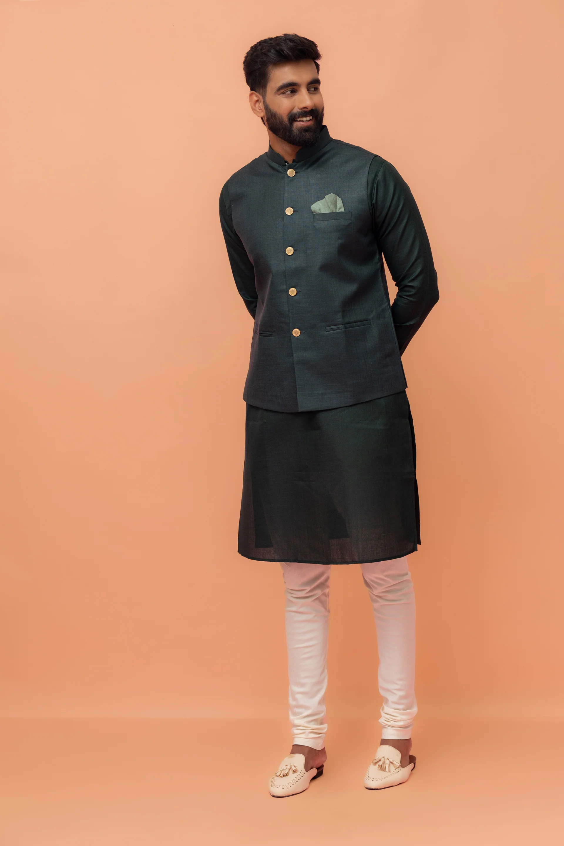 Green Cotton Nehru Jacket Kurta Churidar Set - Image 7