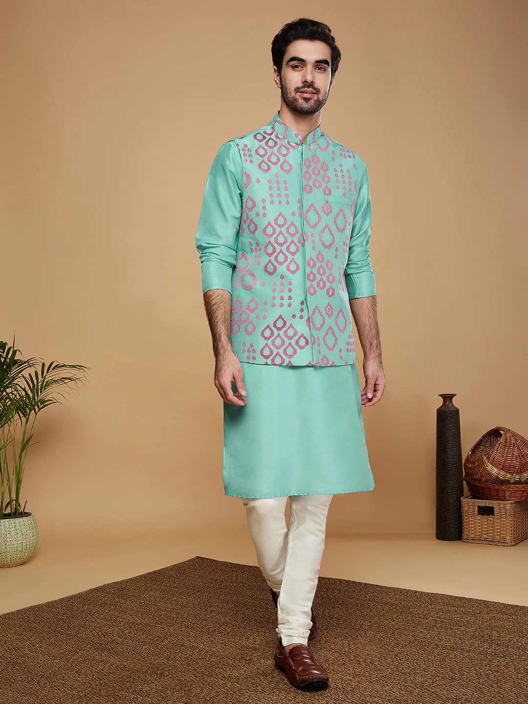 Men Green Kurta Jacket Churidar Set