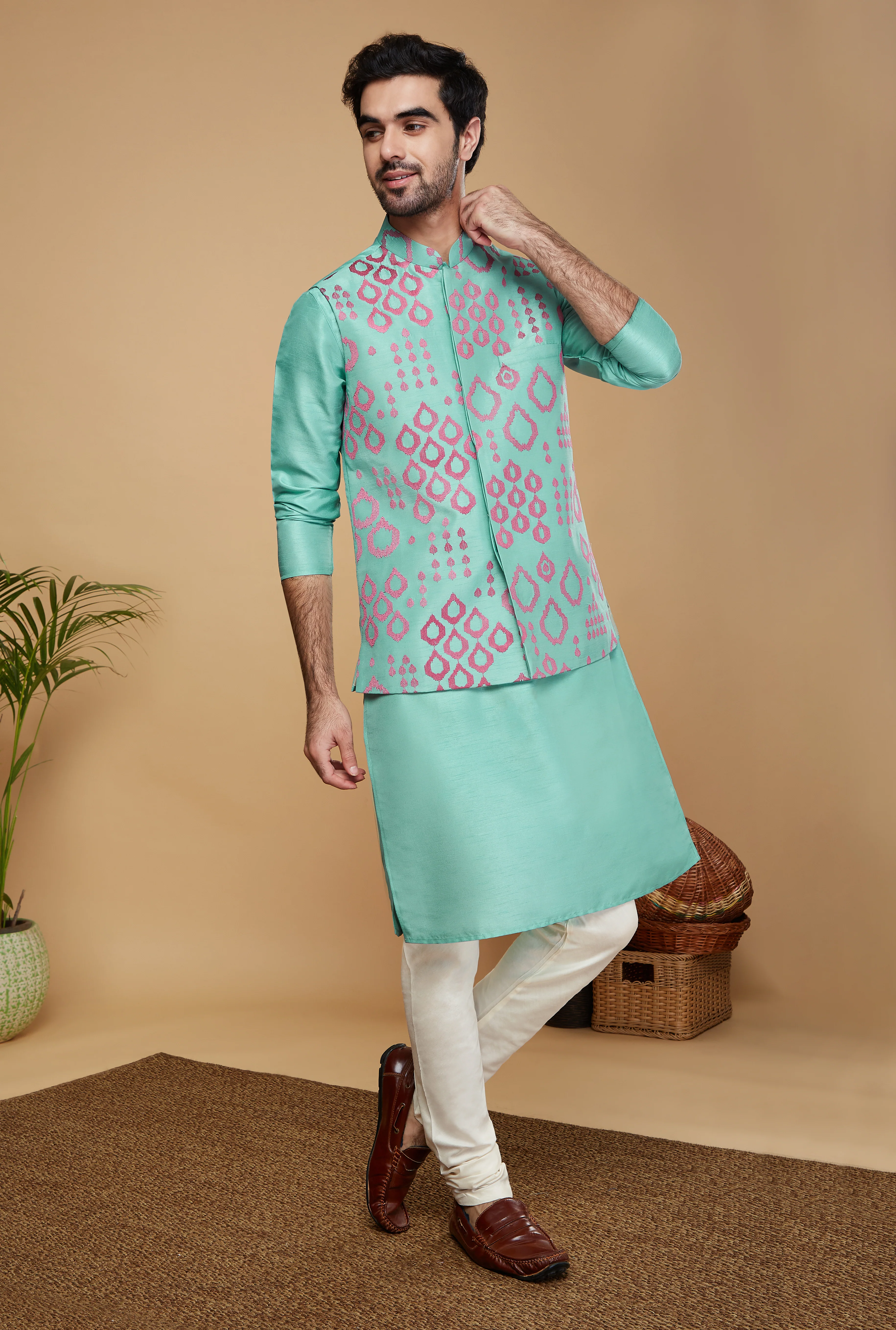 Men Green Kurta Jacket Churidar Set - Image 2