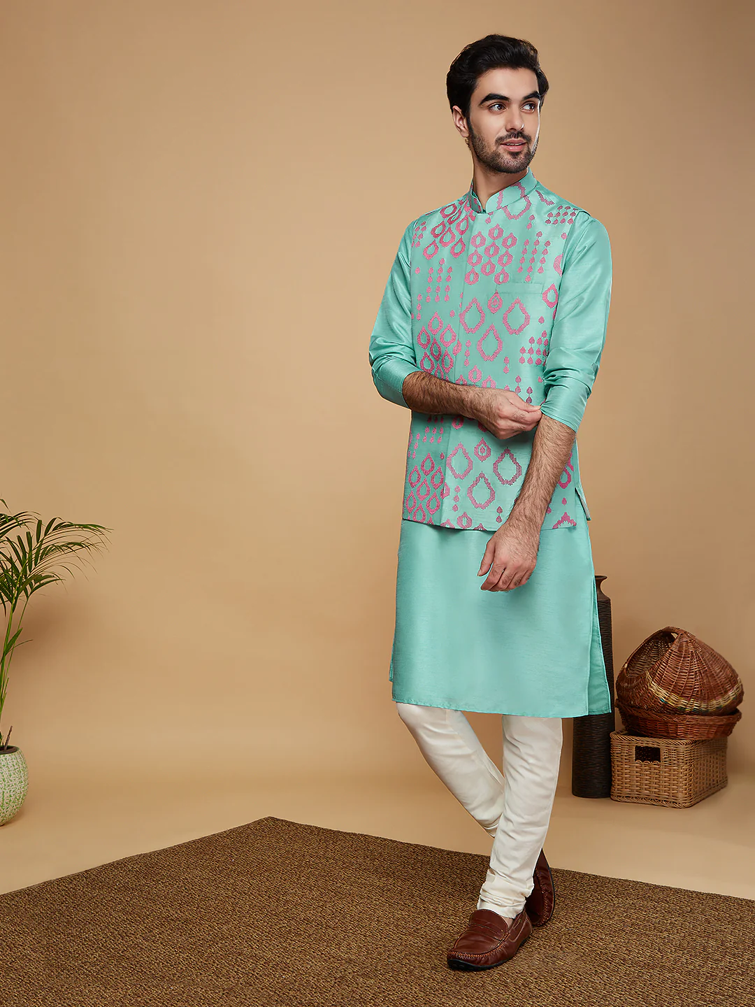 Men Green Kurta Jacket Churidar Set - Image 3