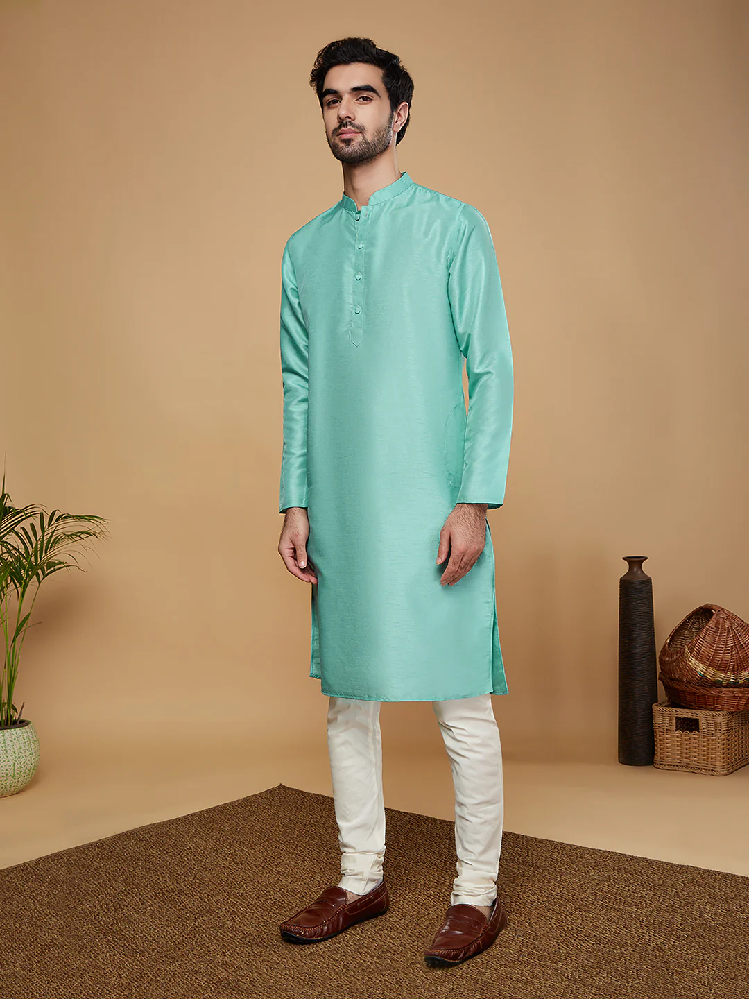 Men Green Kurta Jacket Churidar Set - Image 5